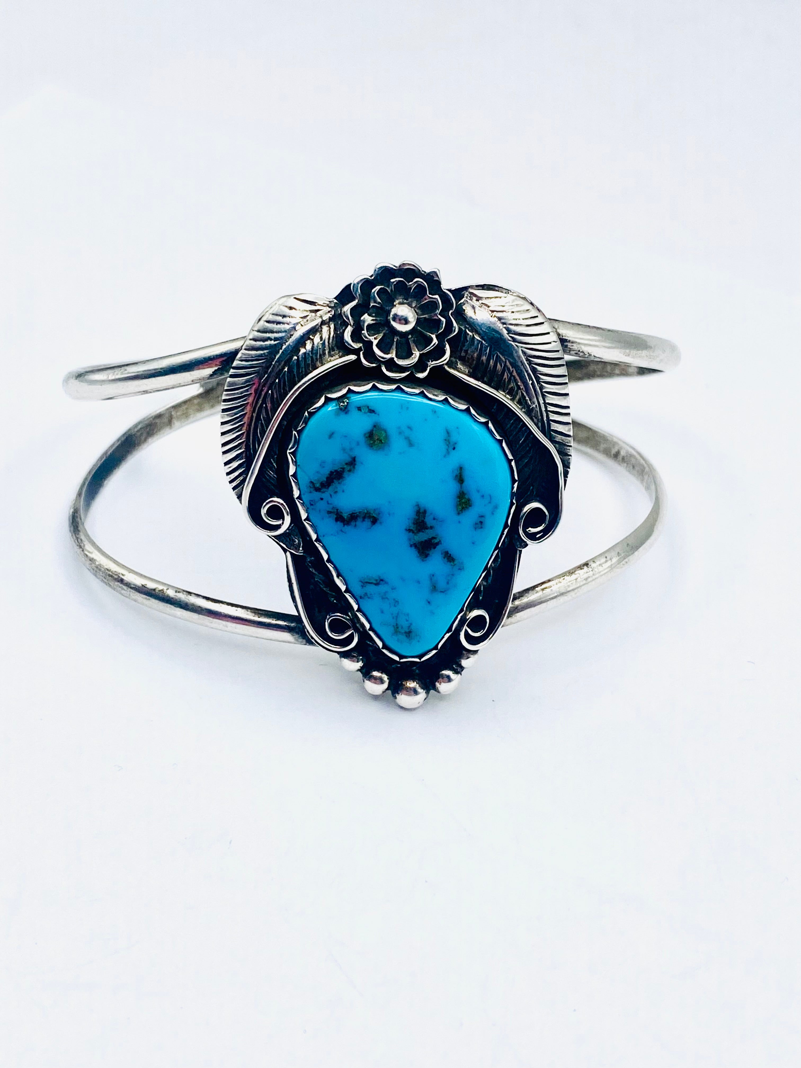 VTG 2-Rail Sterling Bracelet Turquoise Leaf Flower Applique Navajo Signed McCabe