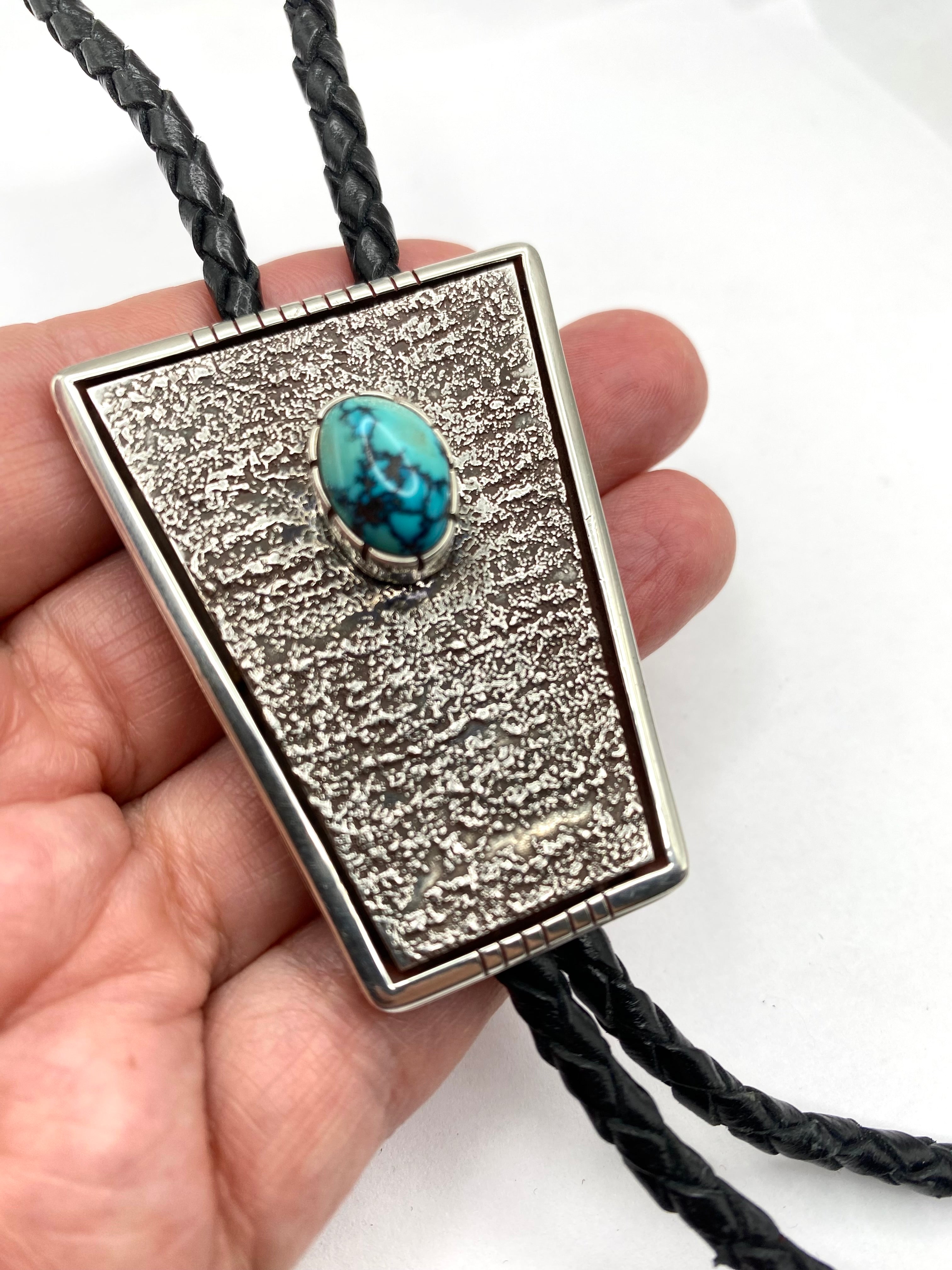 Sterling Silver Tufa Cast Bolo Tie Turquoise Heavy Gage Navajo Vernon Begaye