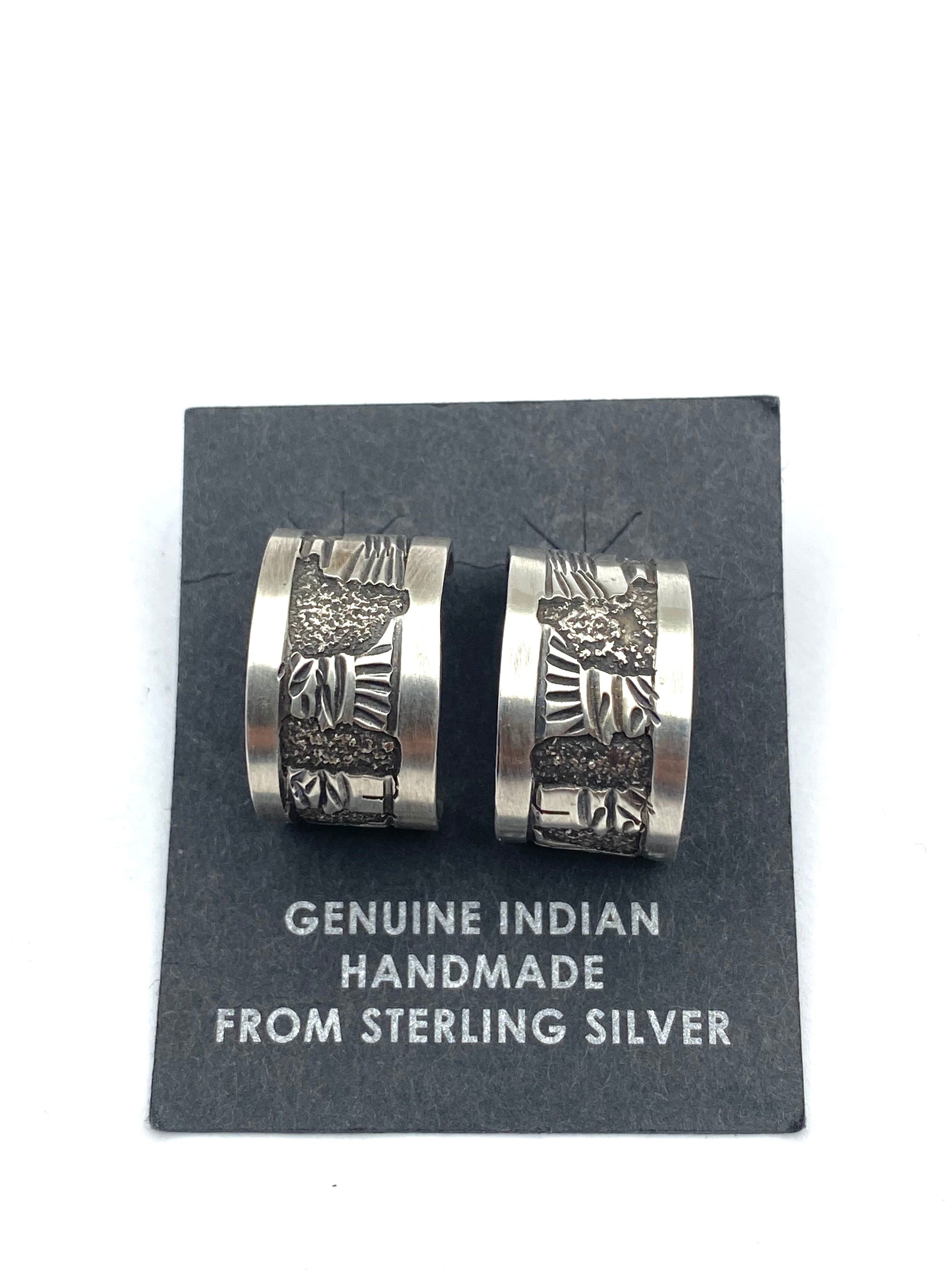 Sterling Silver Wide Hoop Earrings Story Teller Design Native American Signed