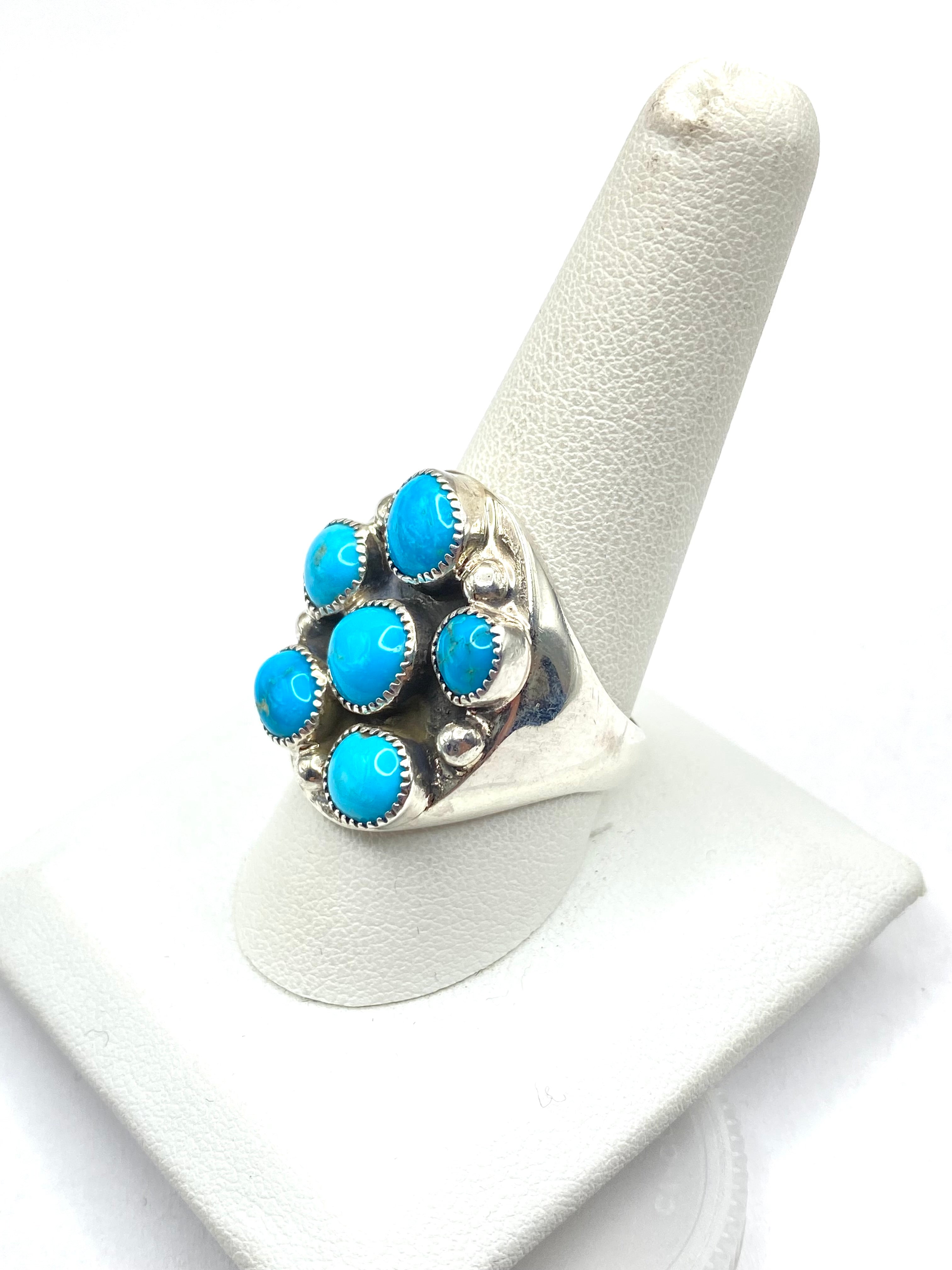Sterling Heavy Gauge Turquoise Cluster Ring Size 10 Flared Band Native American