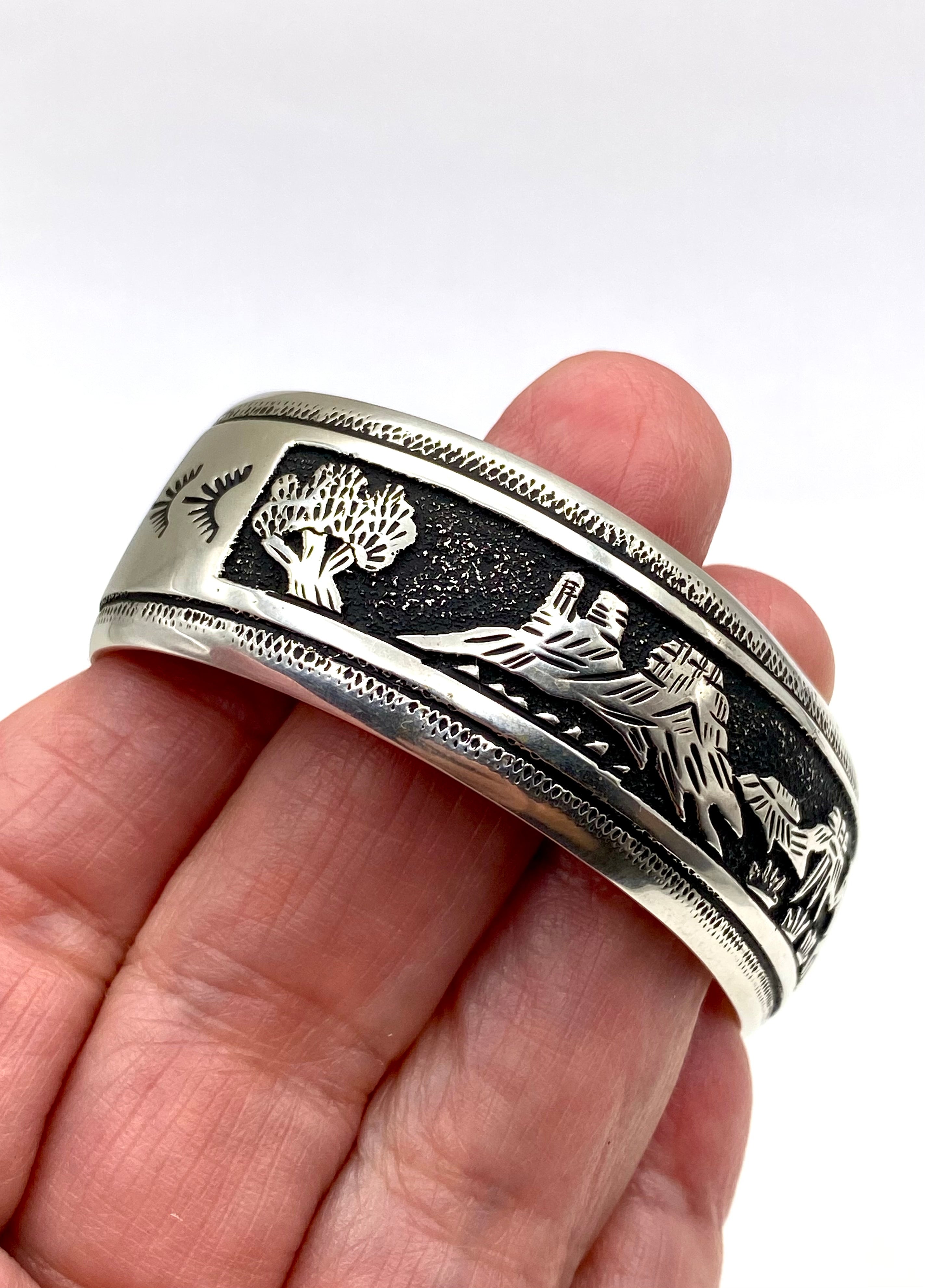 Pictorial Bracelet Sterling Silver Overlay Monument Valley Navajo T&R Singer