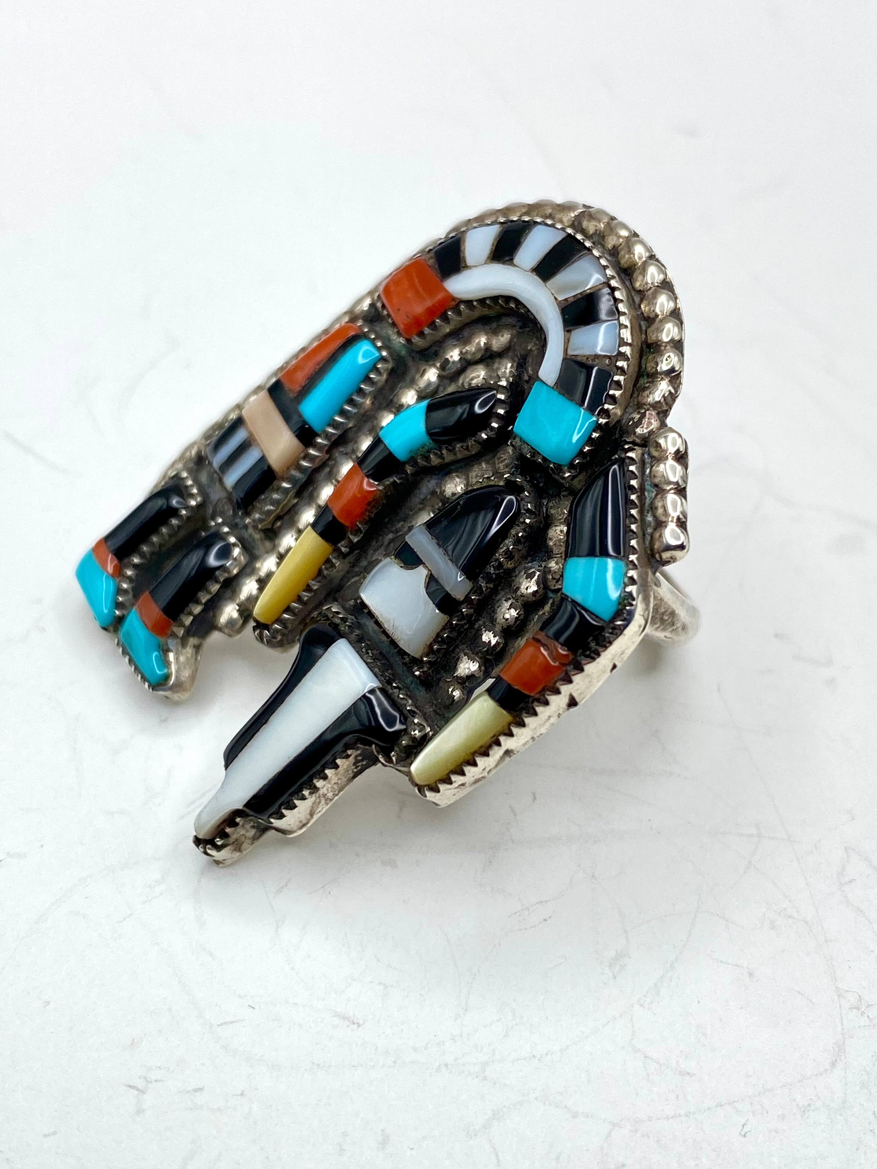 VTG Zuni Multi Stone Inlay Rainbow Man Ring Size 9.5 Turquoise Coral Cellicion
