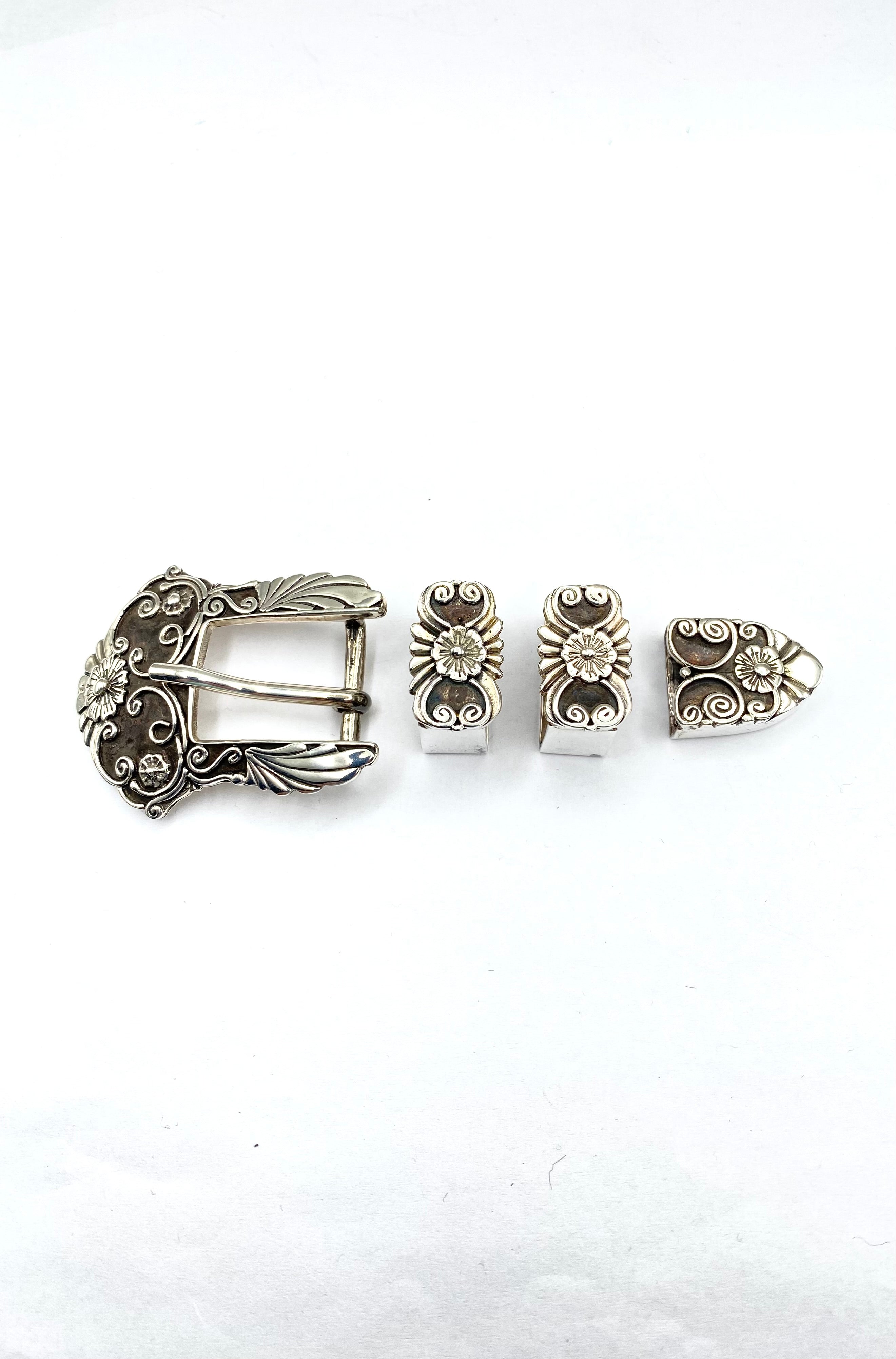 Vintage 4-piece Sterling Ranger Belt Buckle Set Heavy Gauge 5/8" Floral Signed