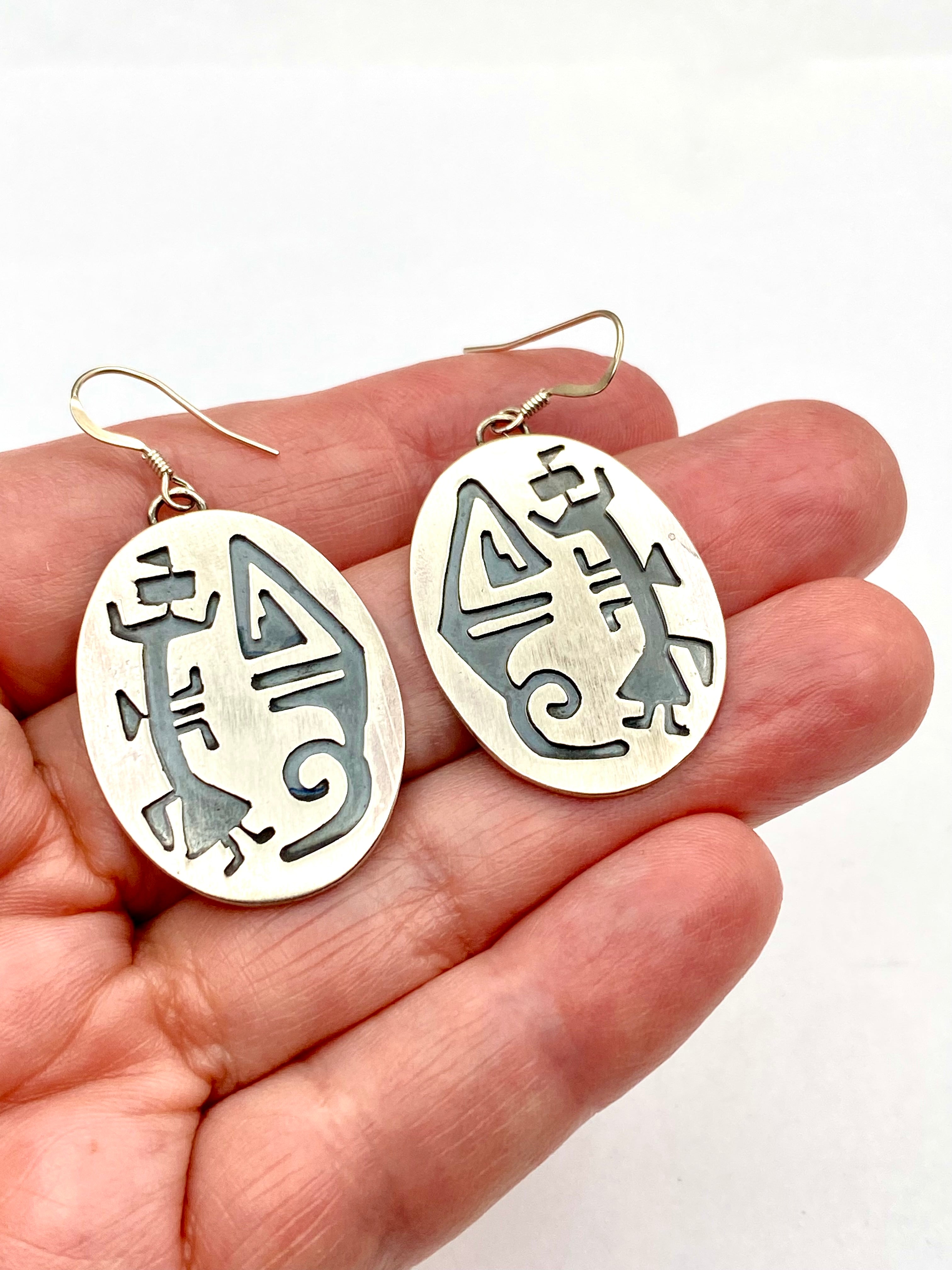Sterling Silver Overlay Earrings Oval Kachina Figure Native American Handmade