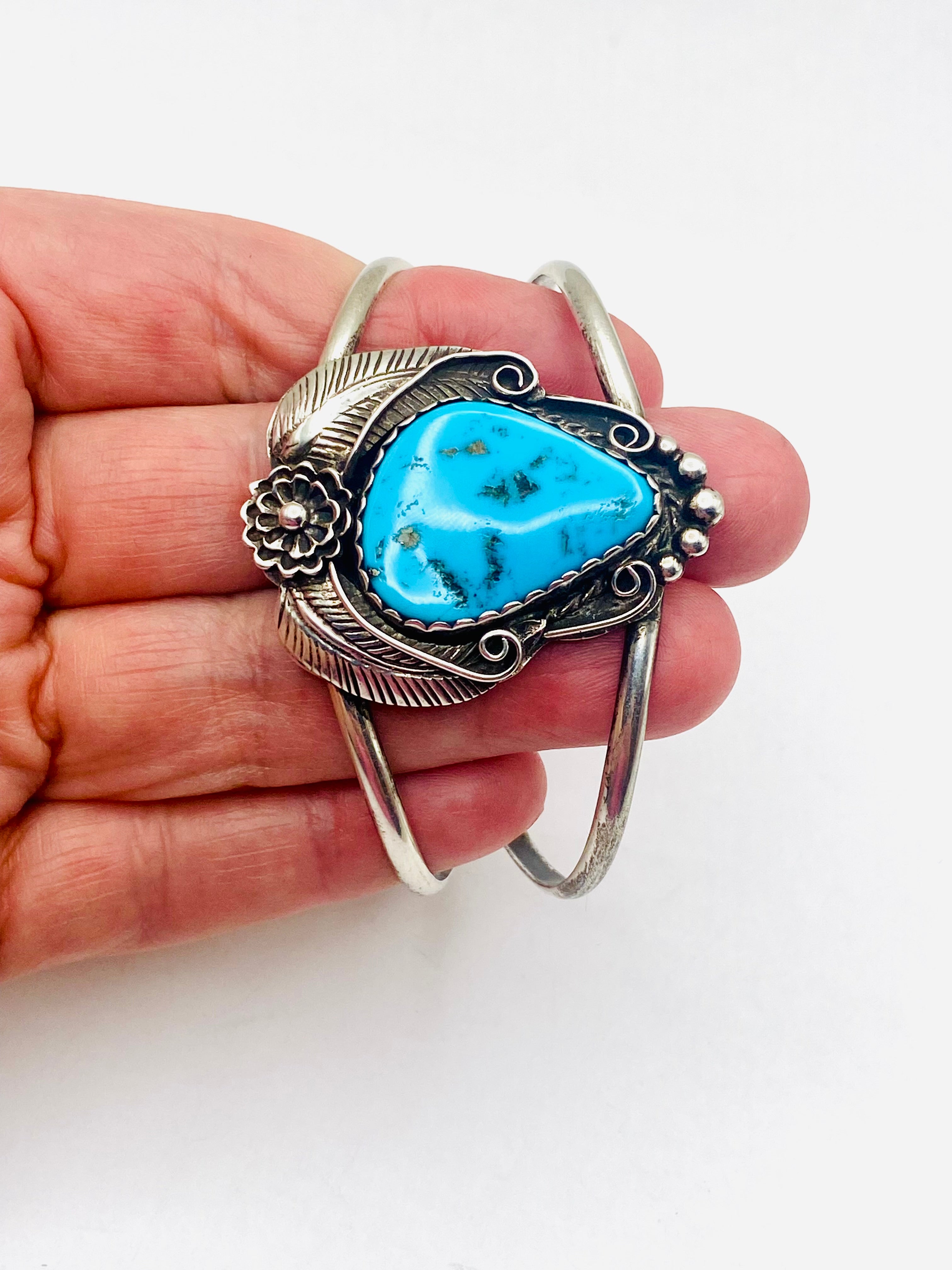VTG 2-Rail Sterling Bracelet Turquoise Leaf Flower Applique Navajo Signed McCabe