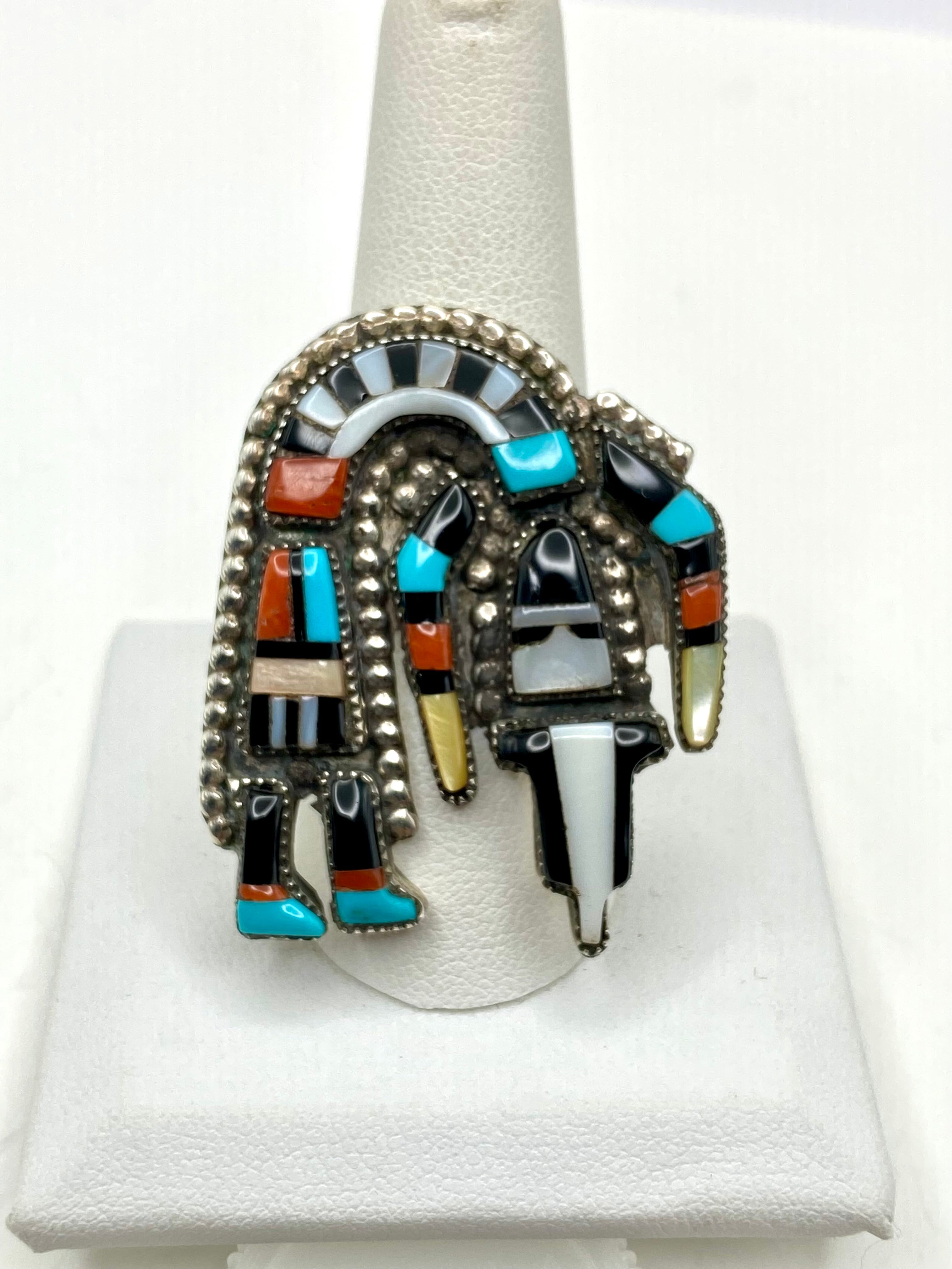 VTG Zuni Multi Stone Inlay Rainbow Man Ring Size 9.5 Turquoise Coral Cellicion