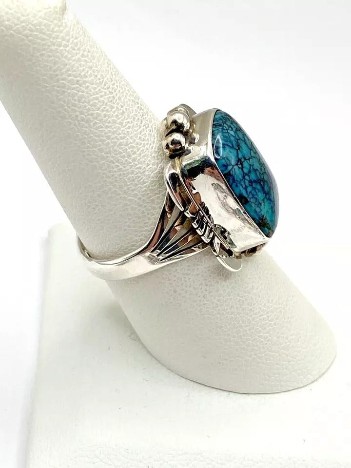 VTG Sterling Spiderweb Turquoise Necklace Ring Earring Set Navajo Lee Bennett