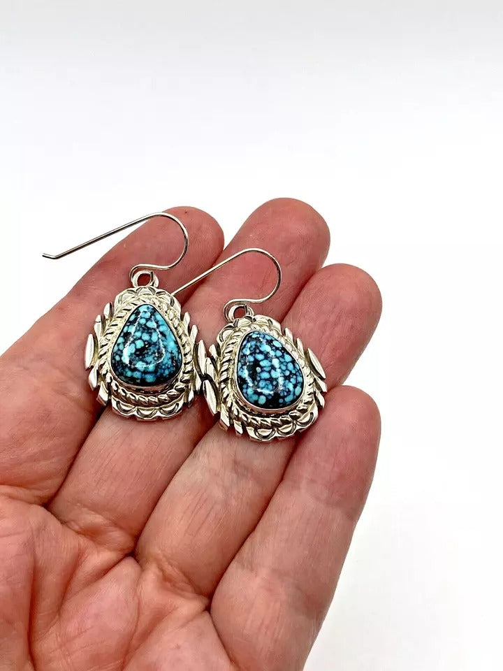 Kingman Spiderweb Turquoise Earrings Sterling Silver Navajo Thomas Francisco