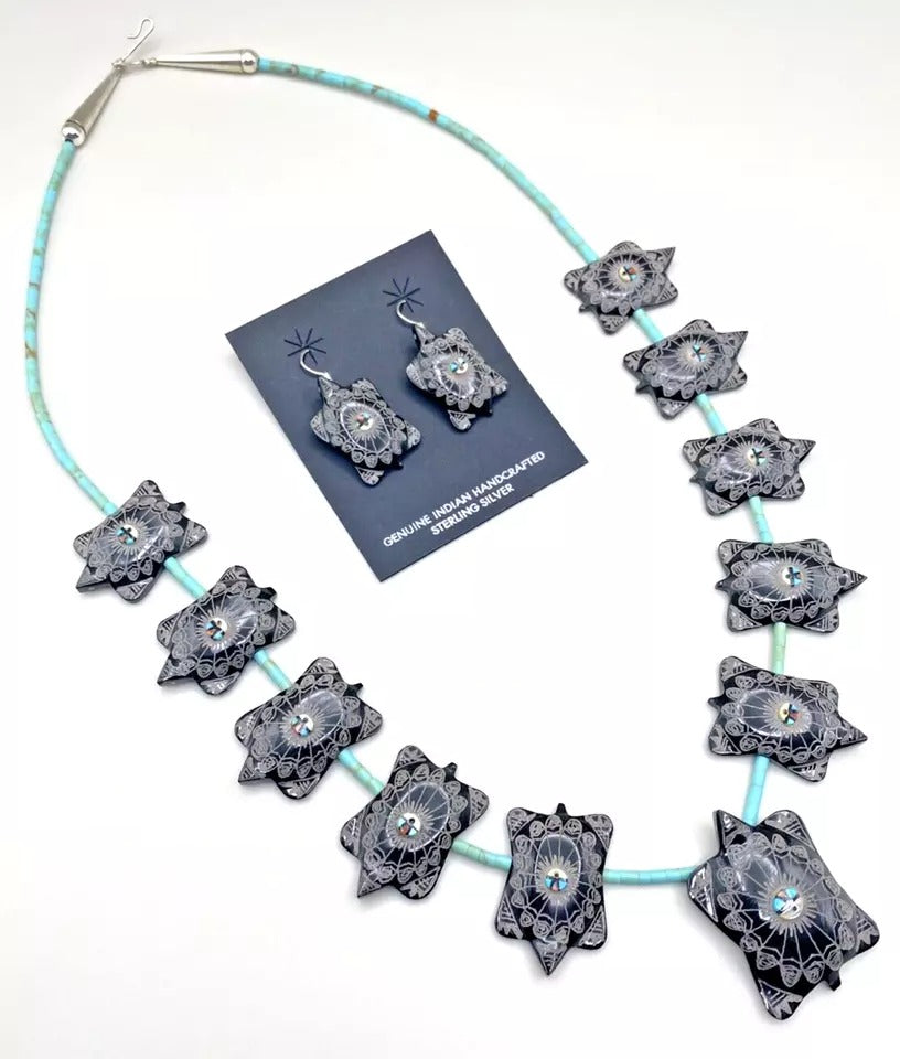 Onyx Turtle Fetish Necklace Earring Set Turquoise Zuni Native American Gasper