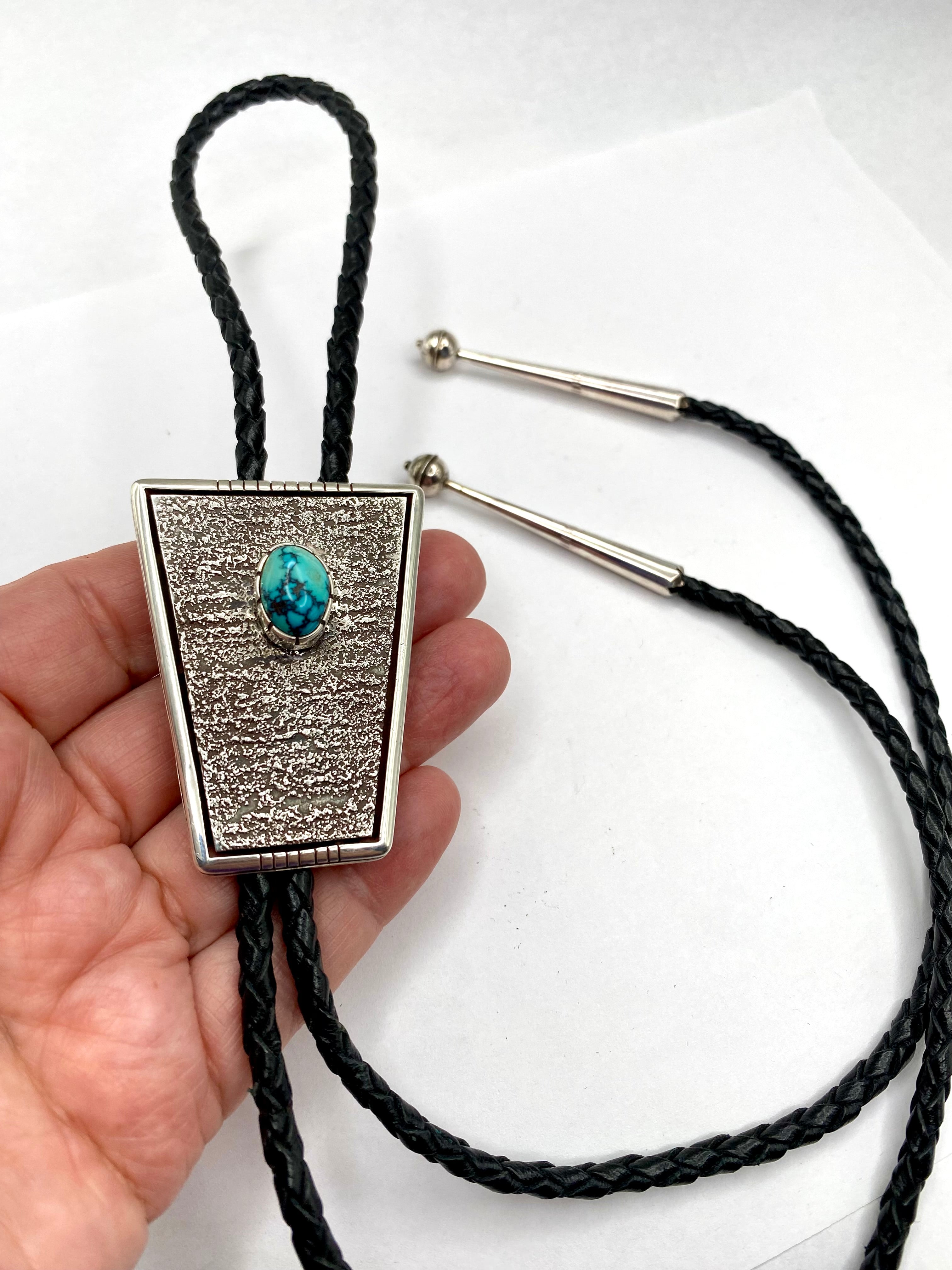 Sterling Silver Tufa Cast Bolo Tie Turquoise Heavy Gage Navajo Vernon Begaye