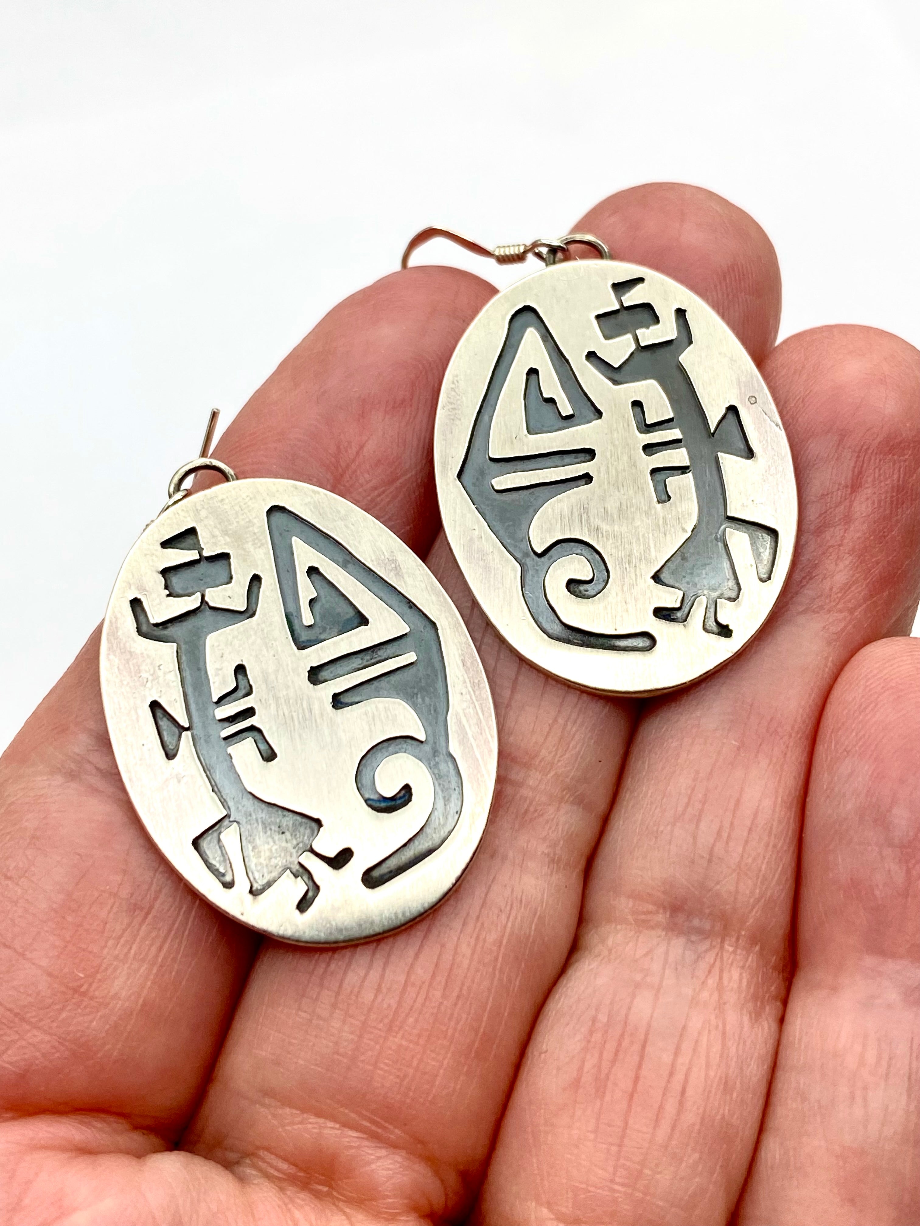 Sterling Silver Overlay Earrings Oval Kachina Figure Native American Handmade