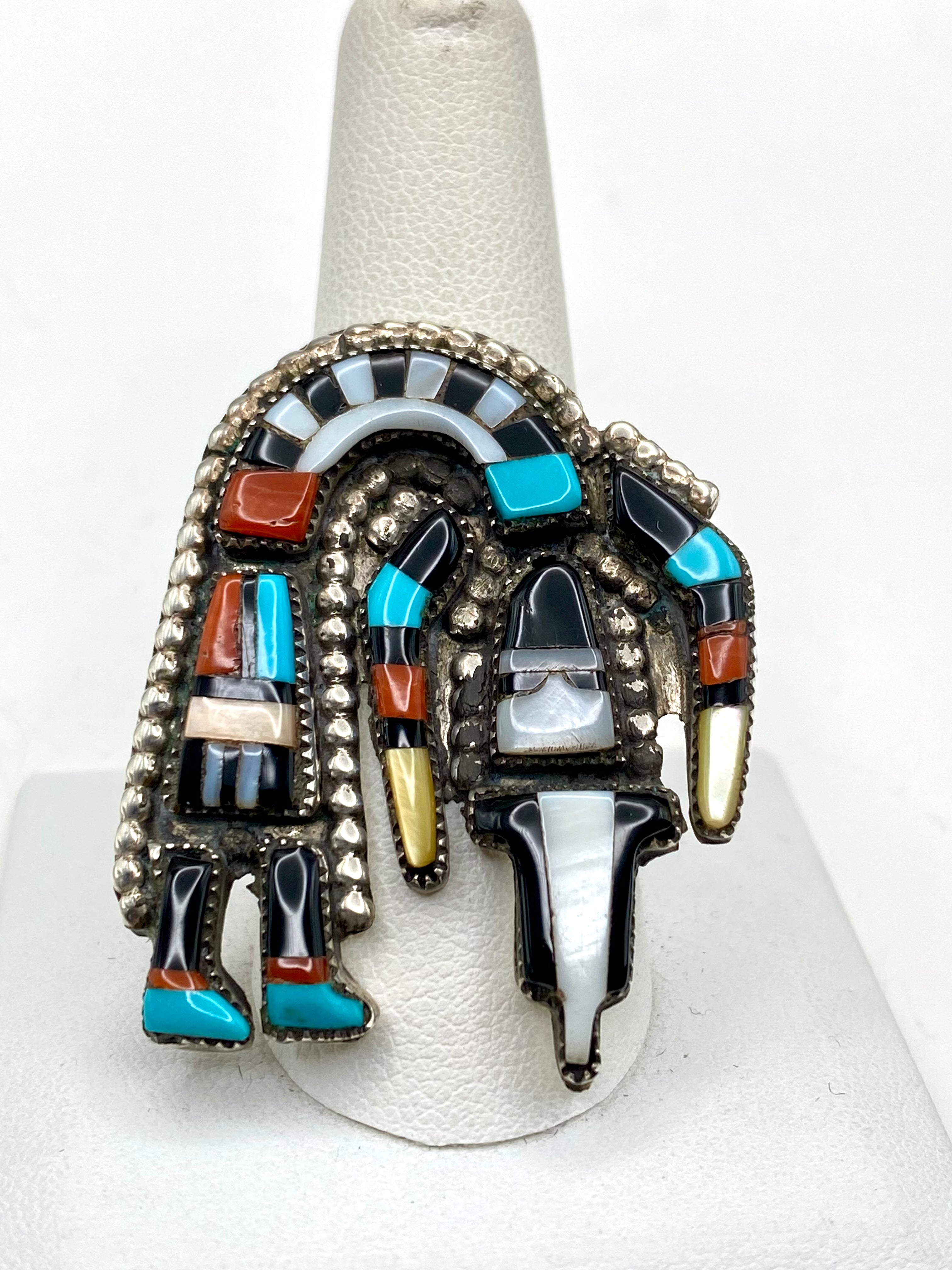 VTG Zuni Multi Stone Inlay Rainbow Man Ring Size 9.5 Turquoise Coral Cellicion