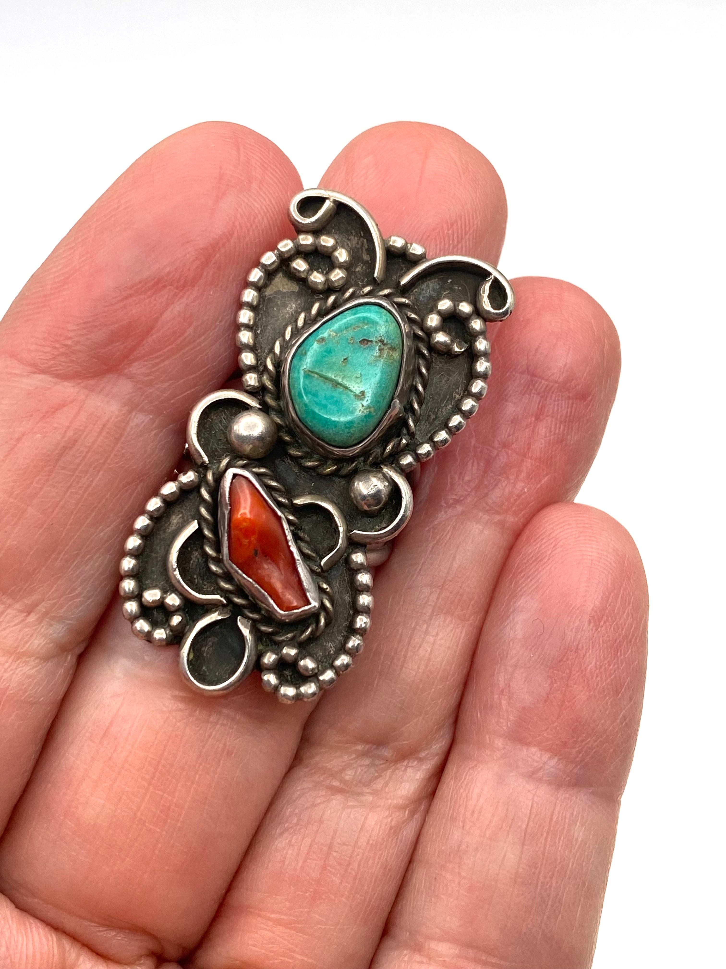 VTG Green Turquoise Coral Ring Silver Size 7.5 Triple Shank Native American