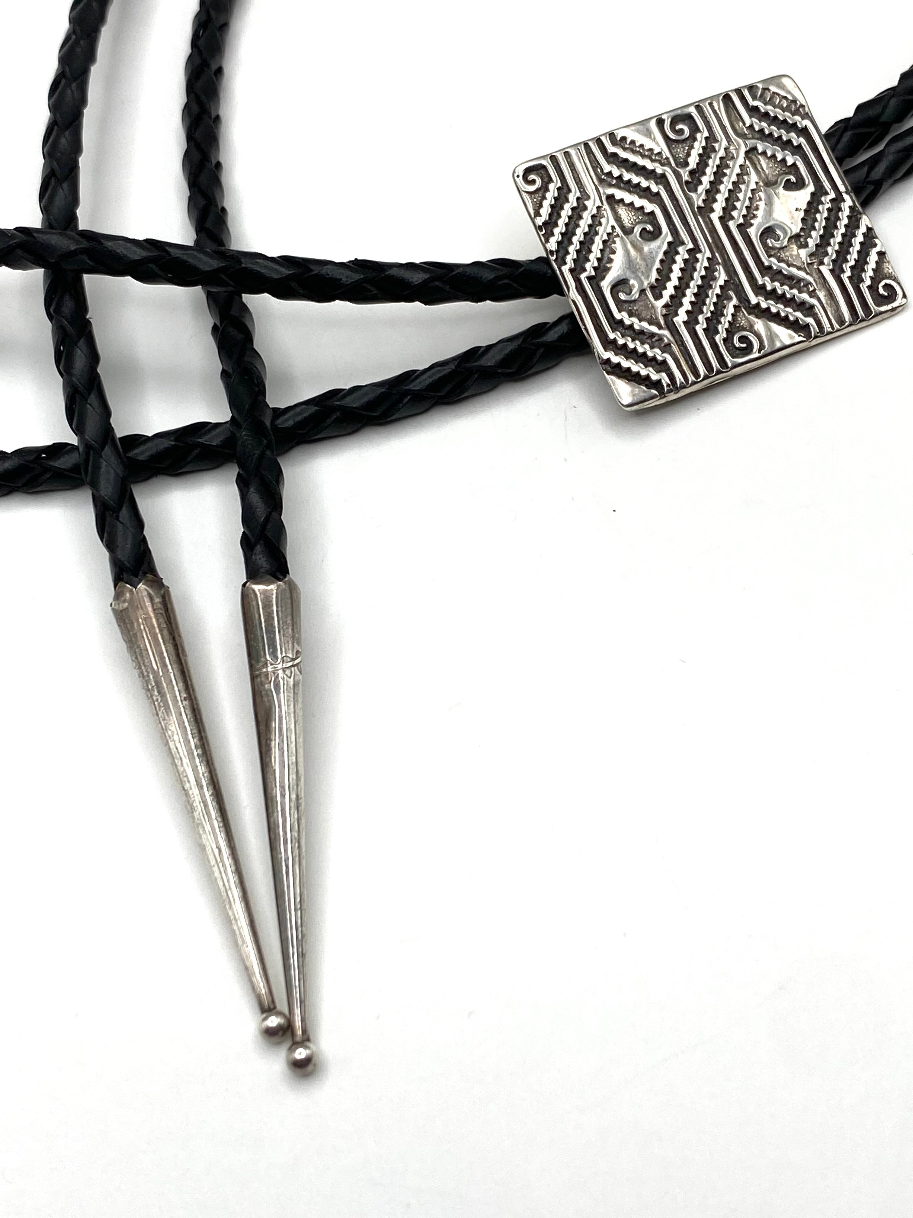 VTG Sterling Bolo Tie Rectangle Geometric Overlay  Rug Pattern Native American