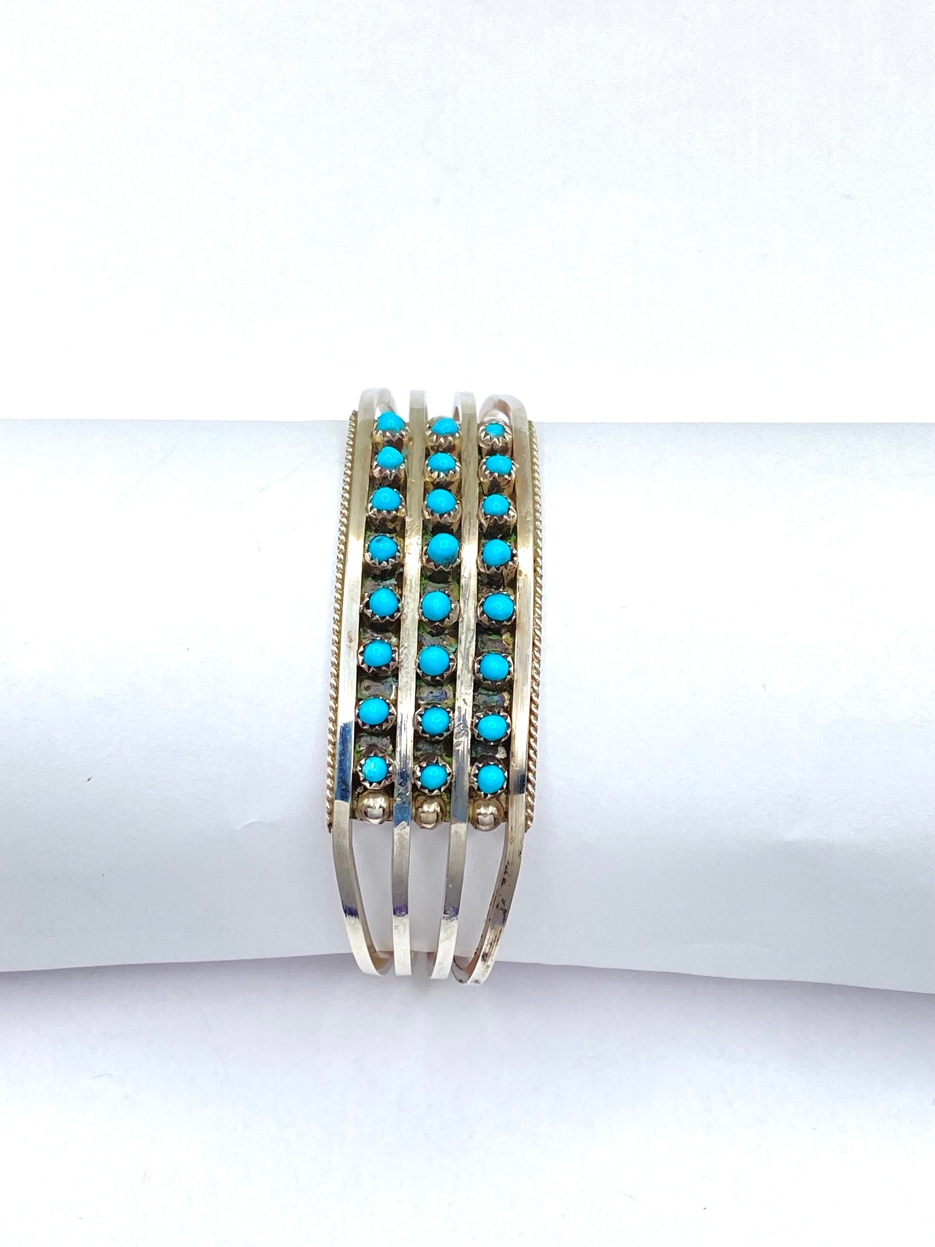Sterling 4-Rail Bracelet Petite Turquoise 3-Row Zuni Native American Signed