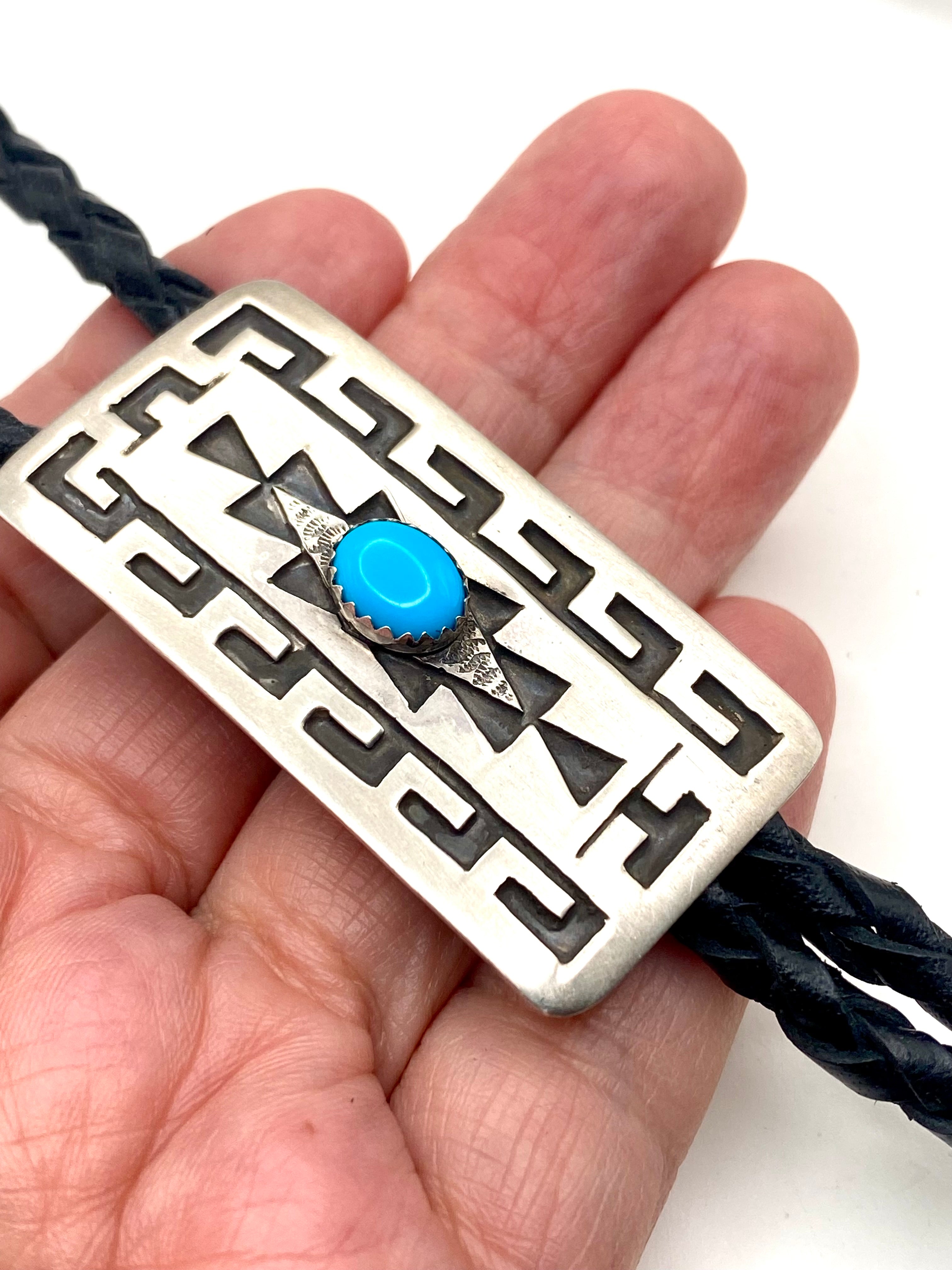 Vintage Hopi Bolo Tie Sterling Silver Overlay Kingman Turquoise Native American