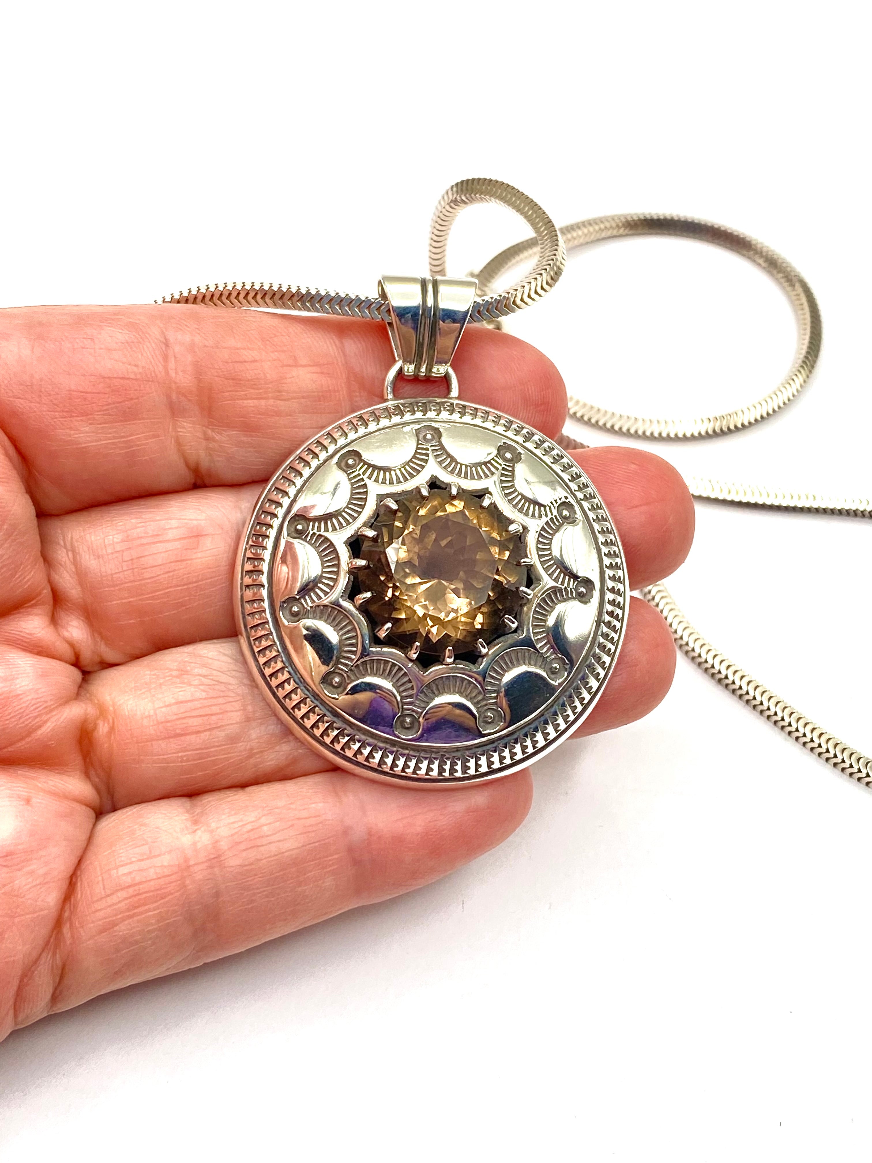 VTG Sterling Stamped Round Pendant Smoky Topaz Native American Signed