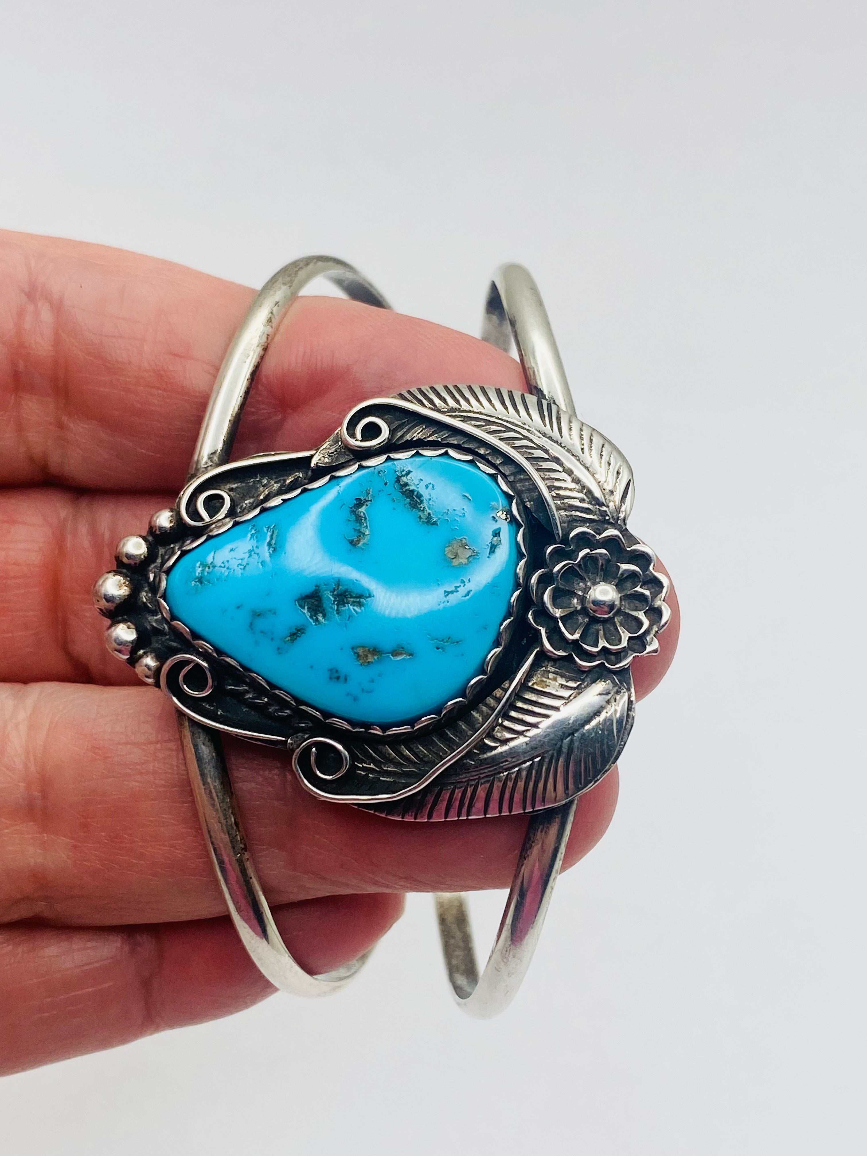 VTG 2-Rail Sterling Bracelet Turquoise Leaf Flower Applique Navajo Signed McCabe