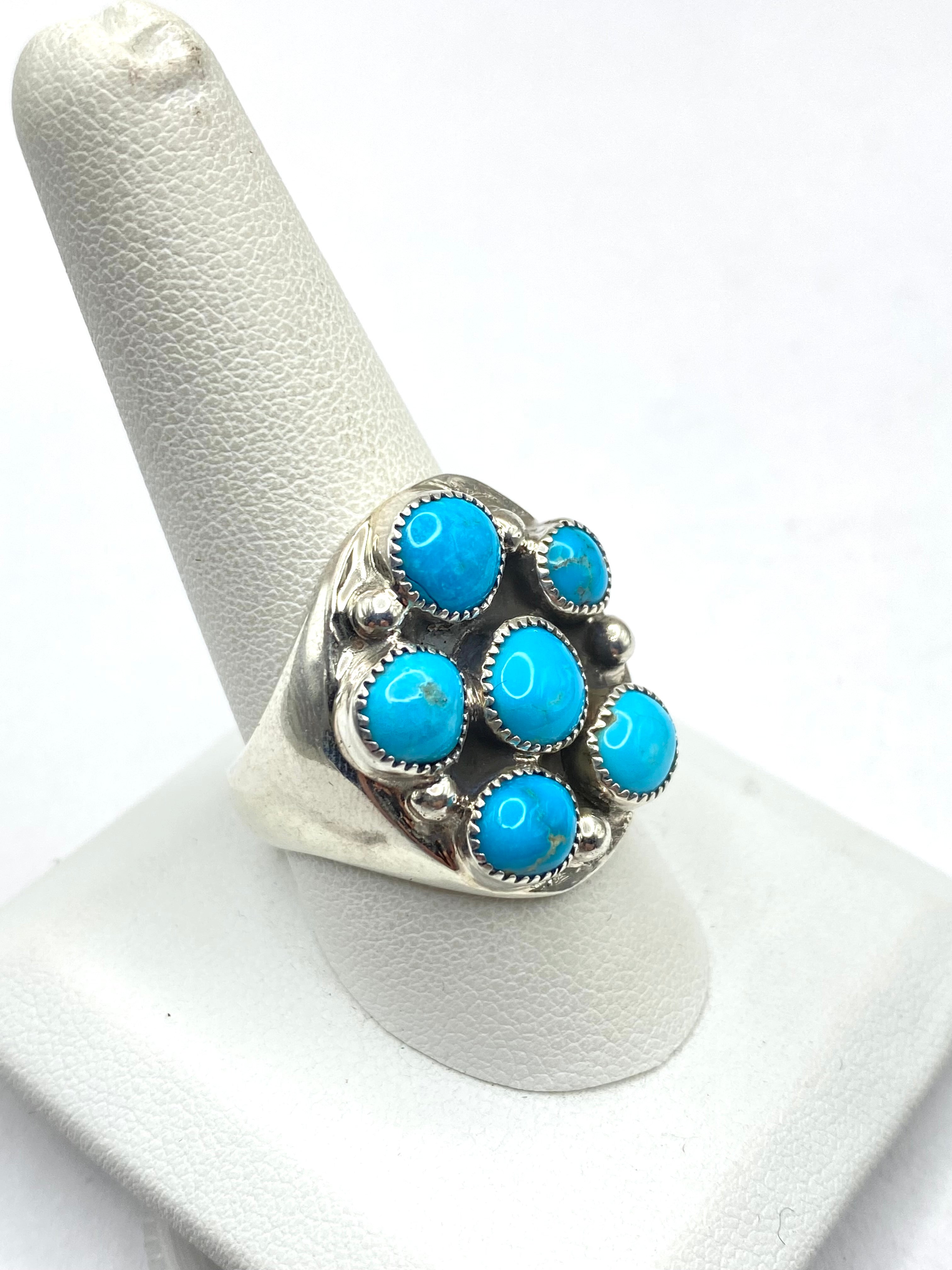Sterling Heavy Gauge Turquoise Cluster Ring Size 10 Flared Band Native American