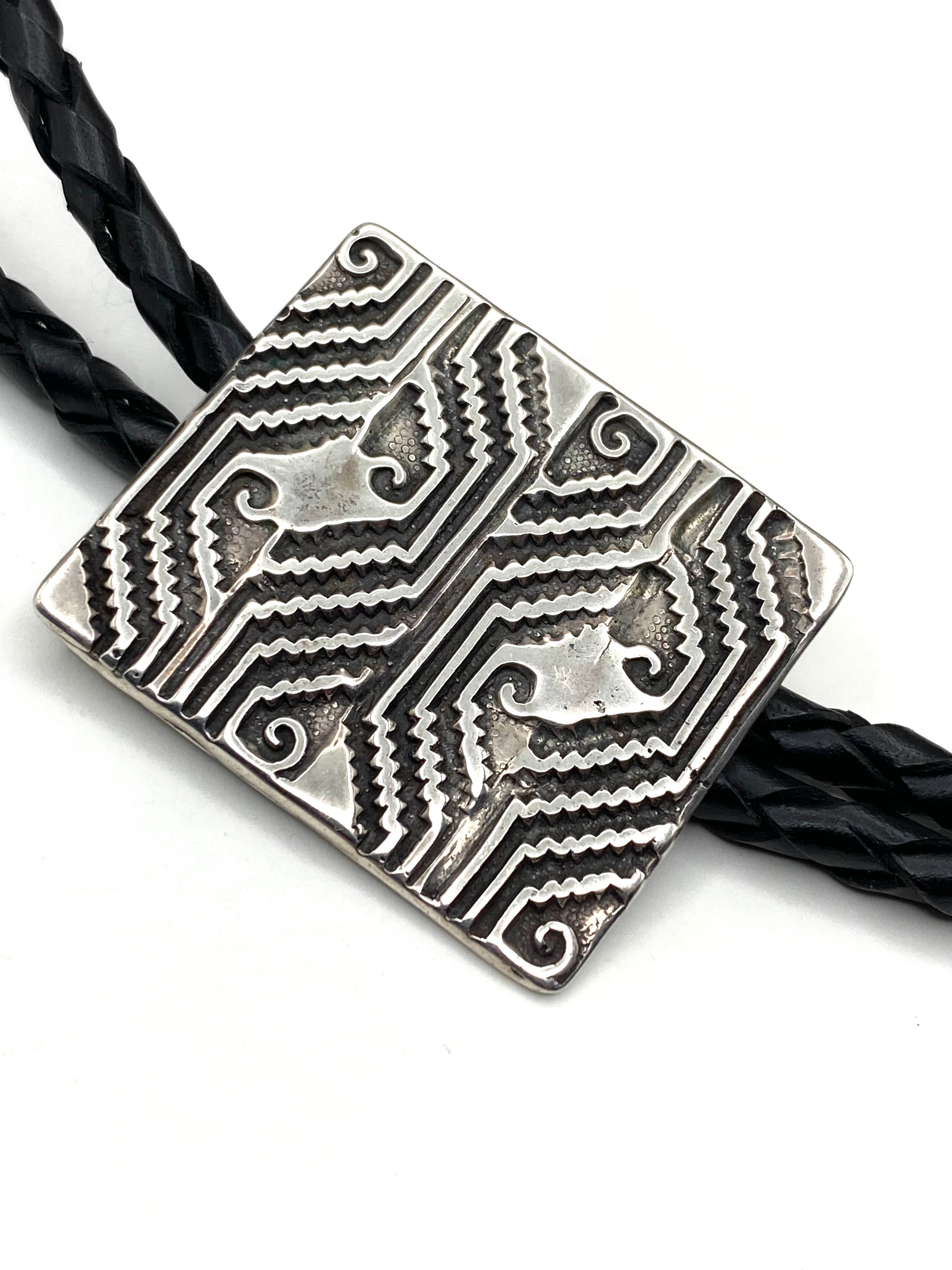 VTG Sterling Bolo Tie Rectangle Geometric Overlay  Rug Pattern Native American
