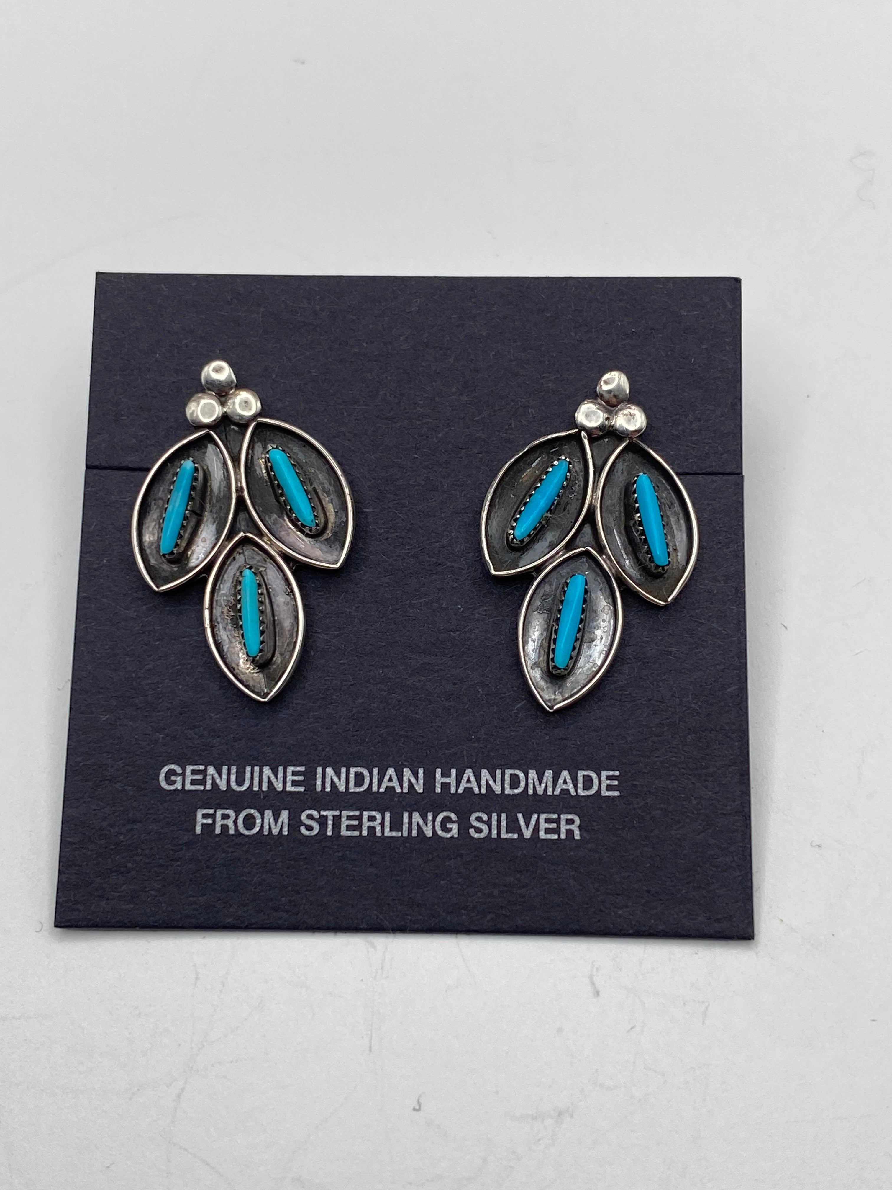 Sterling Needlepoint Turquoise Earrings Marquis Shadowbox Zuni Native American