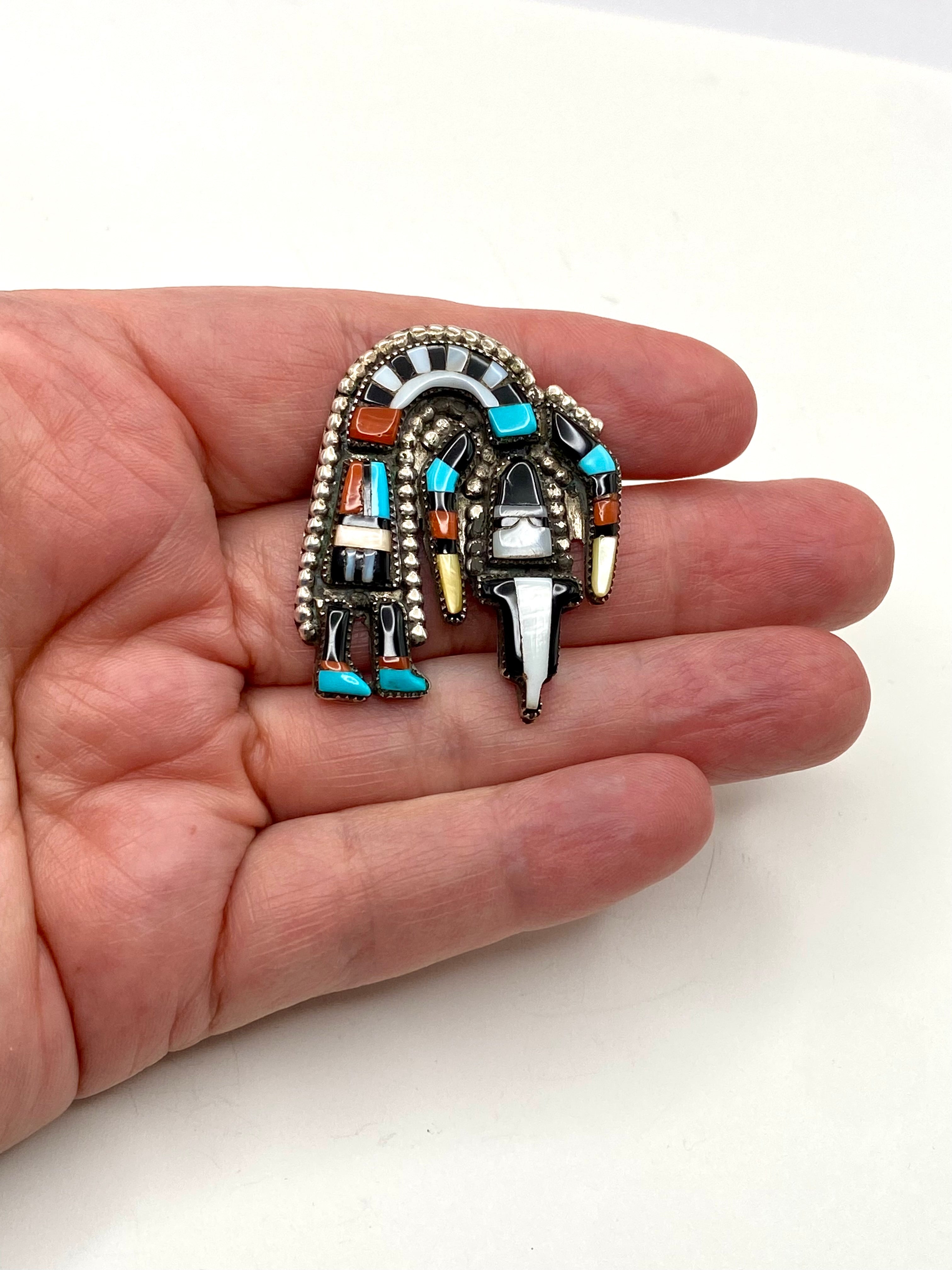 VTG Zuni Multi Stone Inlay Rainbow Man Ring Size 9.5 Turquoise Coral Cellicion