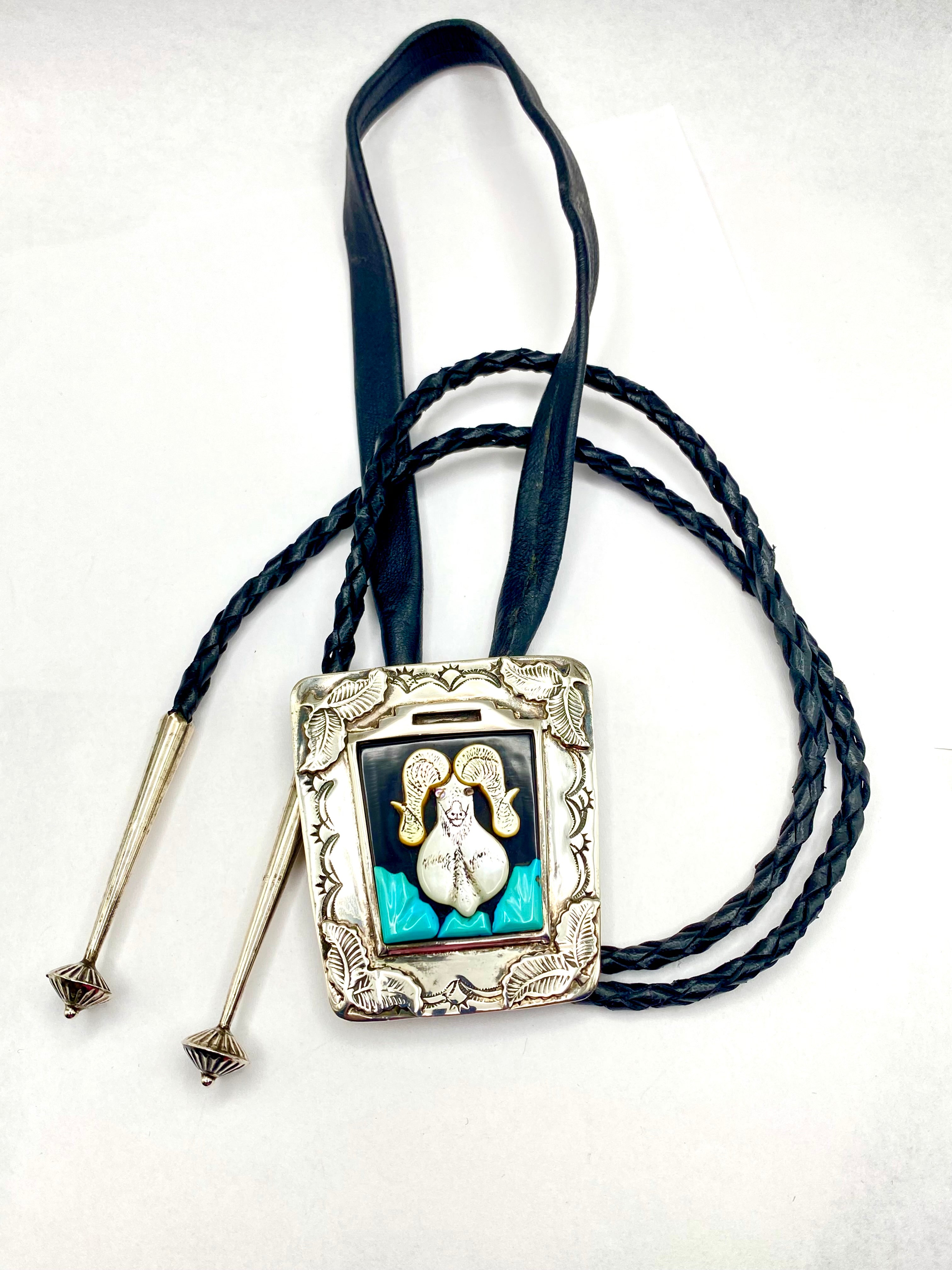VTG Bighorn Sheep Inlay Bolo Tie Heavy Gauge Sterling 3D Turquoise J. Quam Zuni