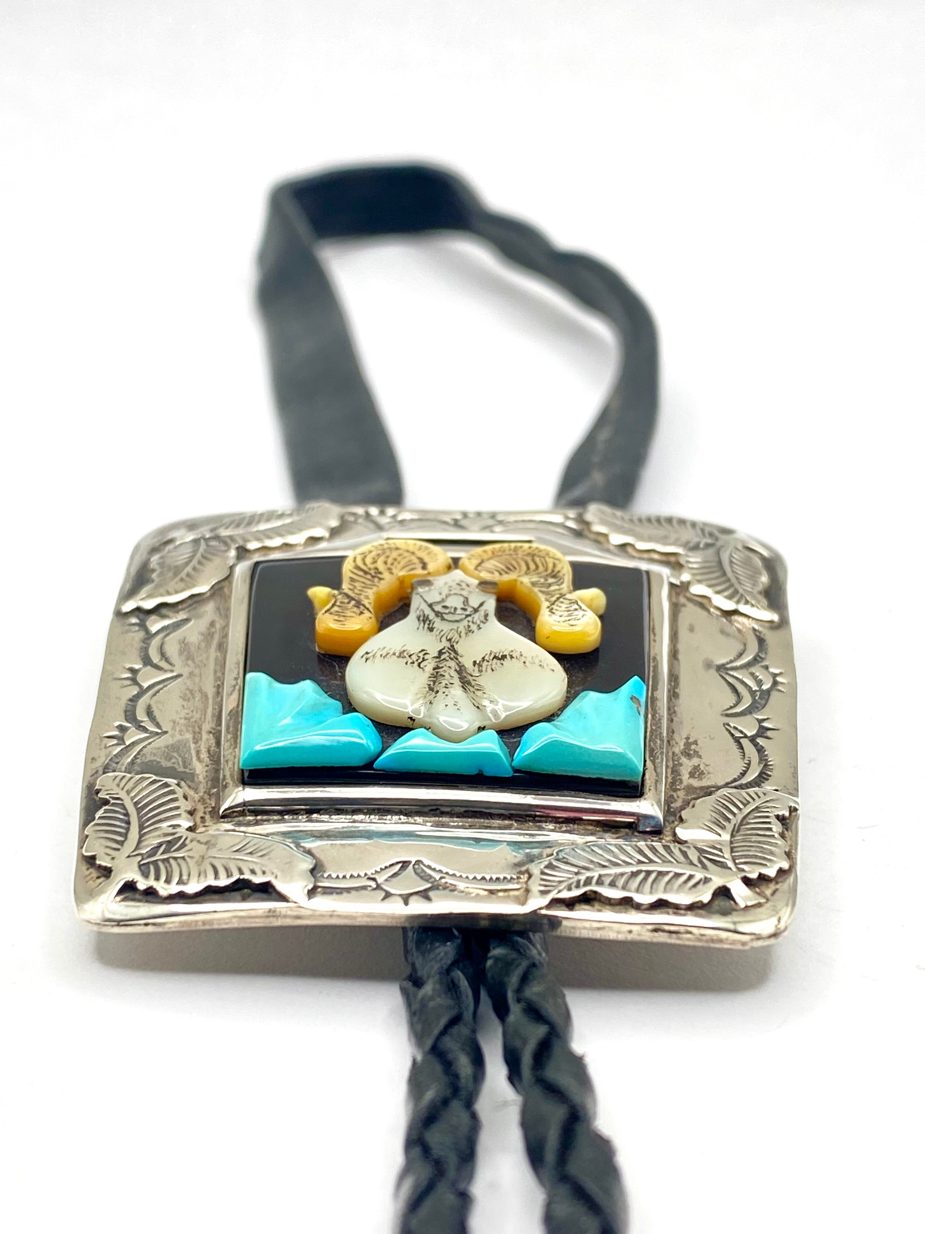 VTG Bighorn Sheep Inlay Bolo Tie Heavy Gauge Sterling 3D Turquoise J. Quam Zuni