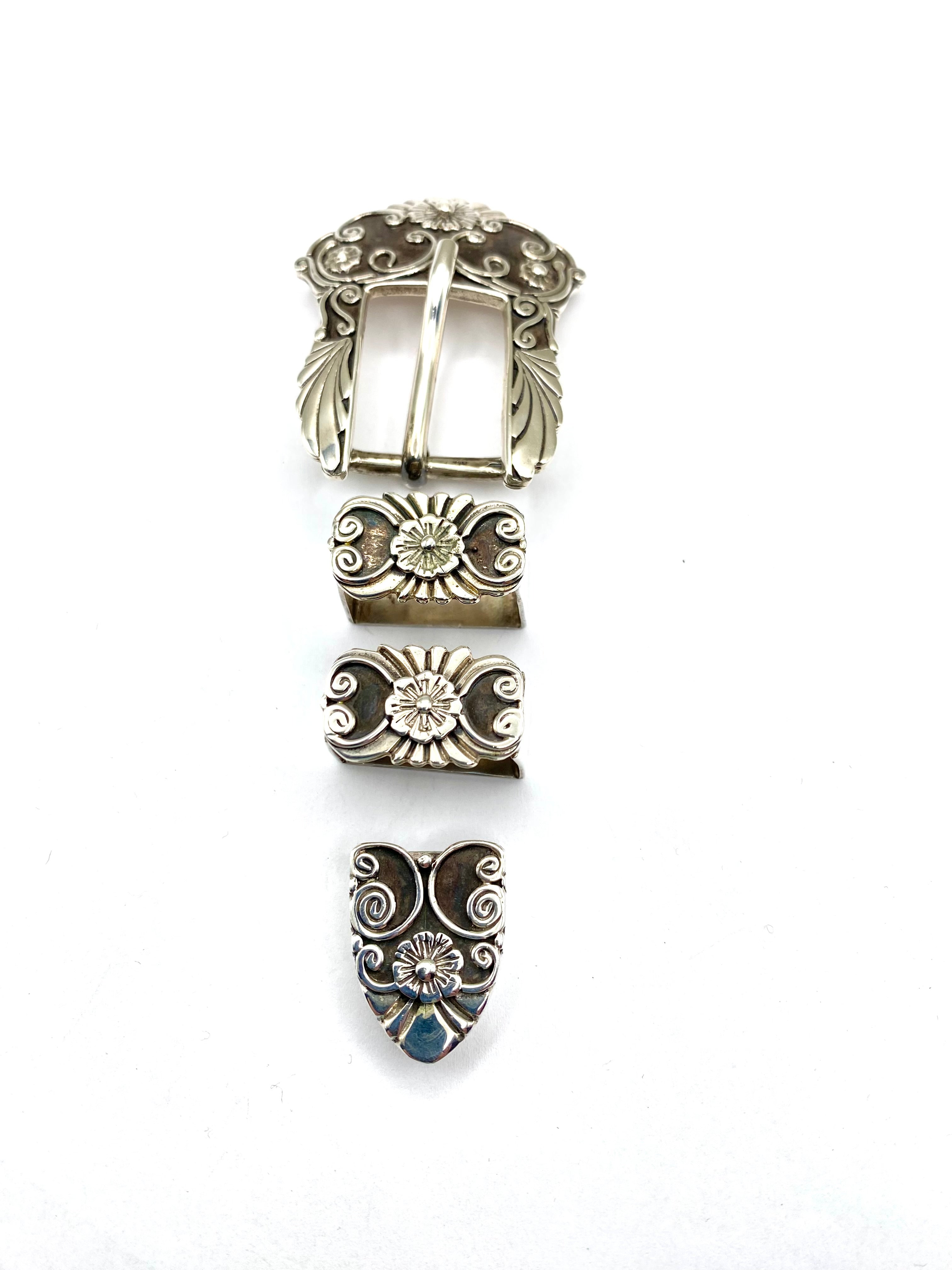Vintage 4-piece Sterling Ranger Belt Buckle Set Heavy Gauge 5/8" Floral Signed