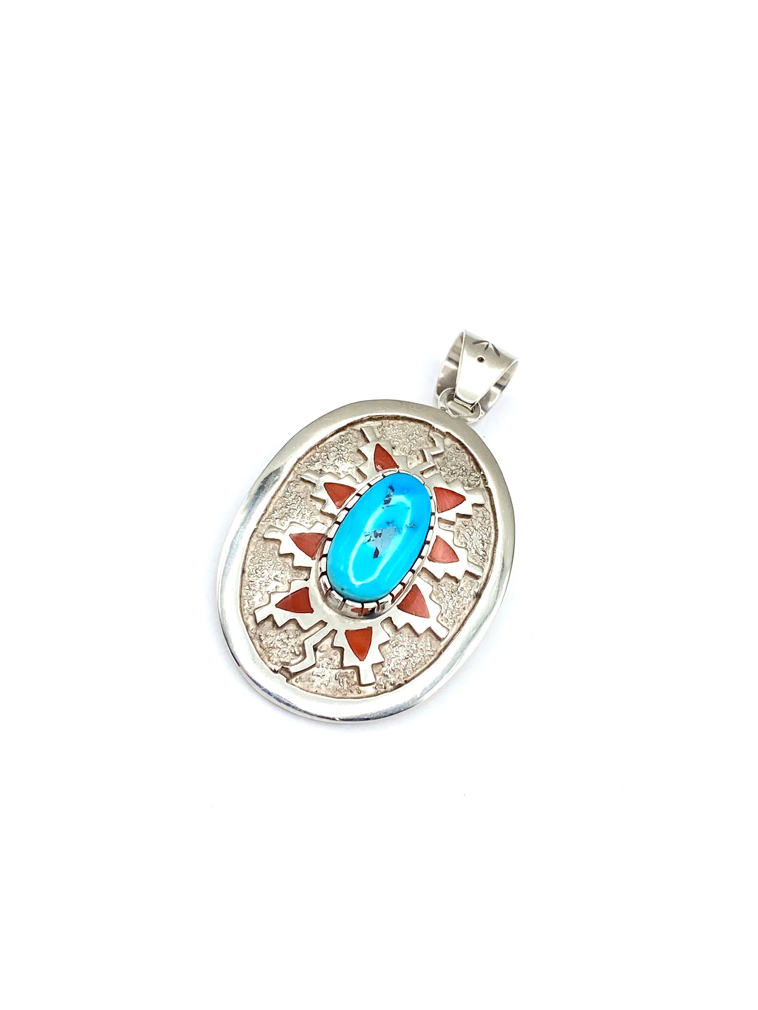 Sterling Oval Tufa Cast Pendant Turquoise Inlay Coral Michael Perry Navajo