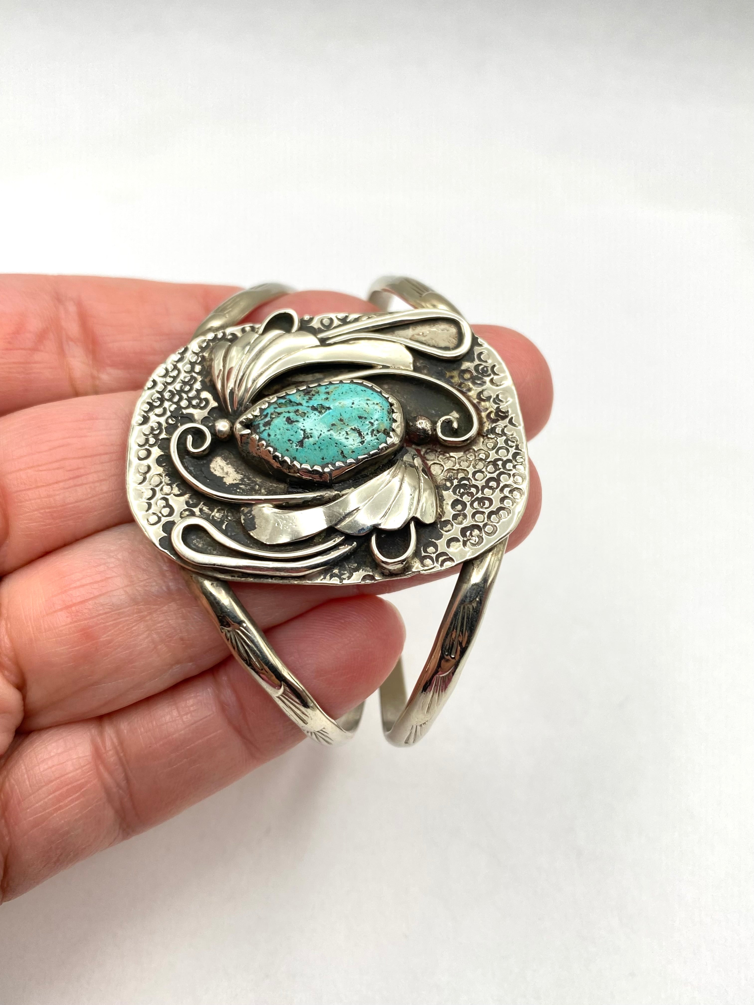 VTG Sterling Turquoise Bracelet 2-Rail Leaf Applique Lightweight Native American