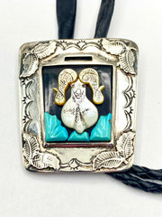 VTG Bighorn Sheep Inlay Bolo Tie Heavy Gauge Sterling 3D Turquoise J. Quam Zuni