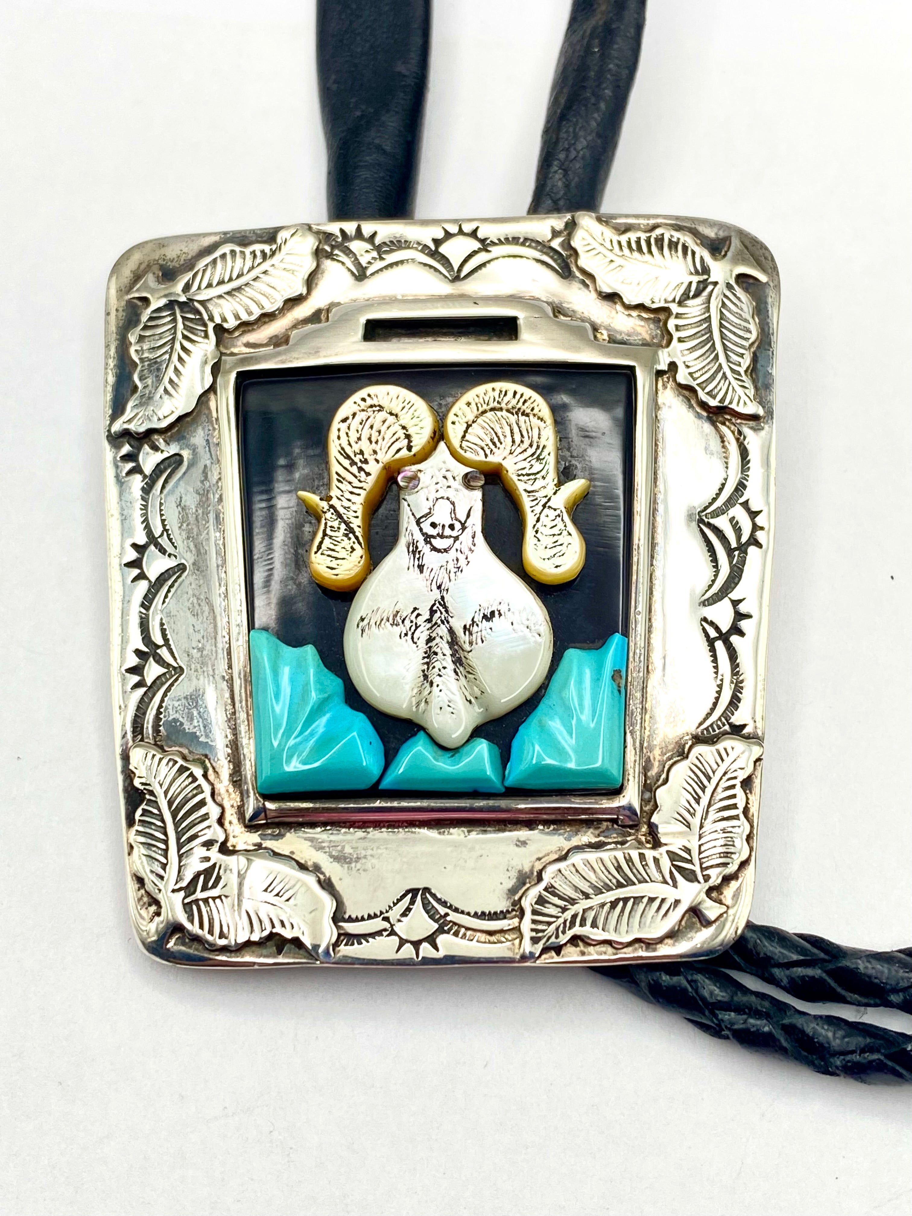 VTG Bighorn Sheep Inlay Bolo Tie Heavy Gauge Sterling 3D Turquoise J. Quam Zuni
