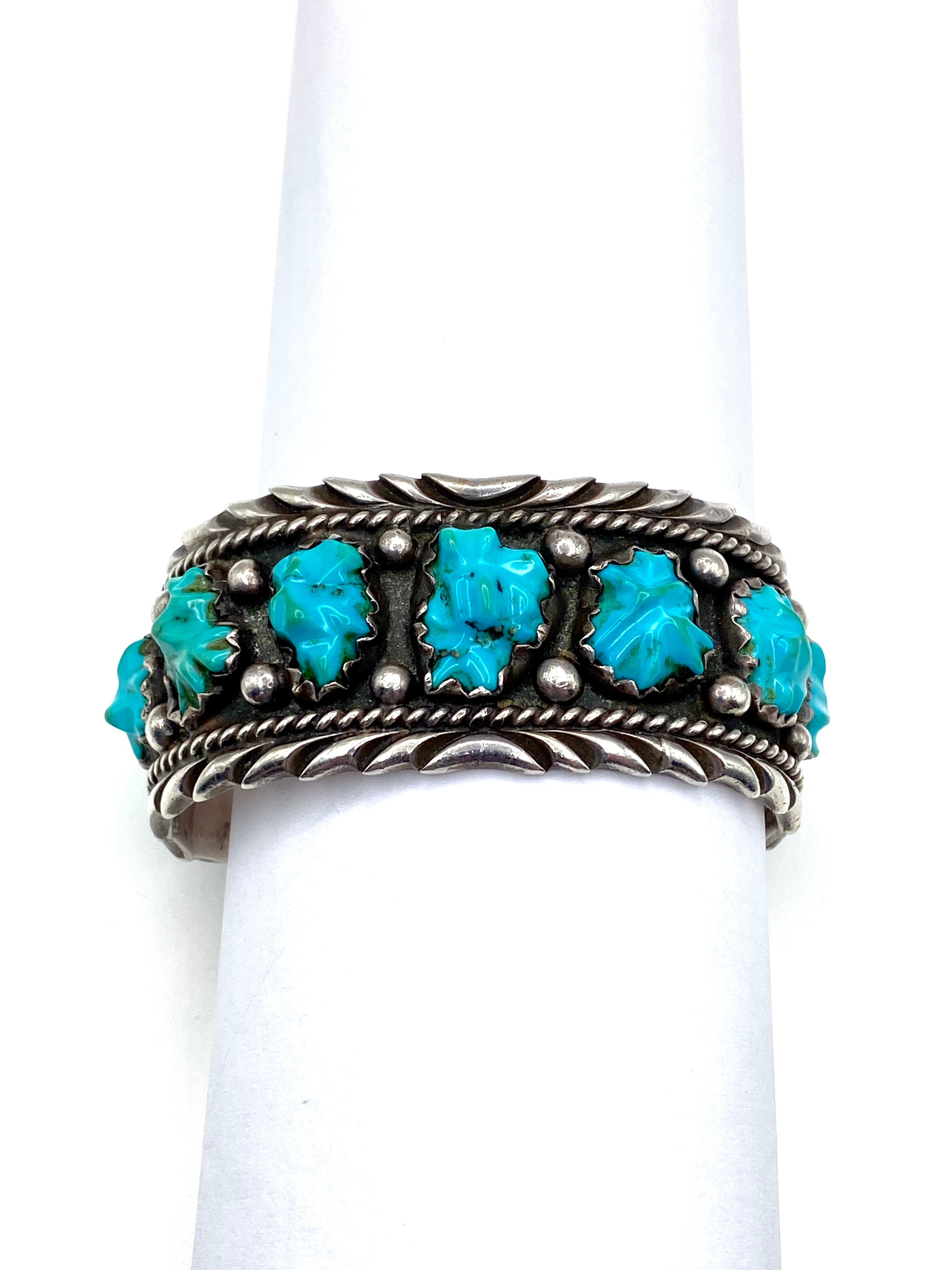 VTG Sterling Cuff Bracelet Carved Turquoise Heavy Gage Native American Signed