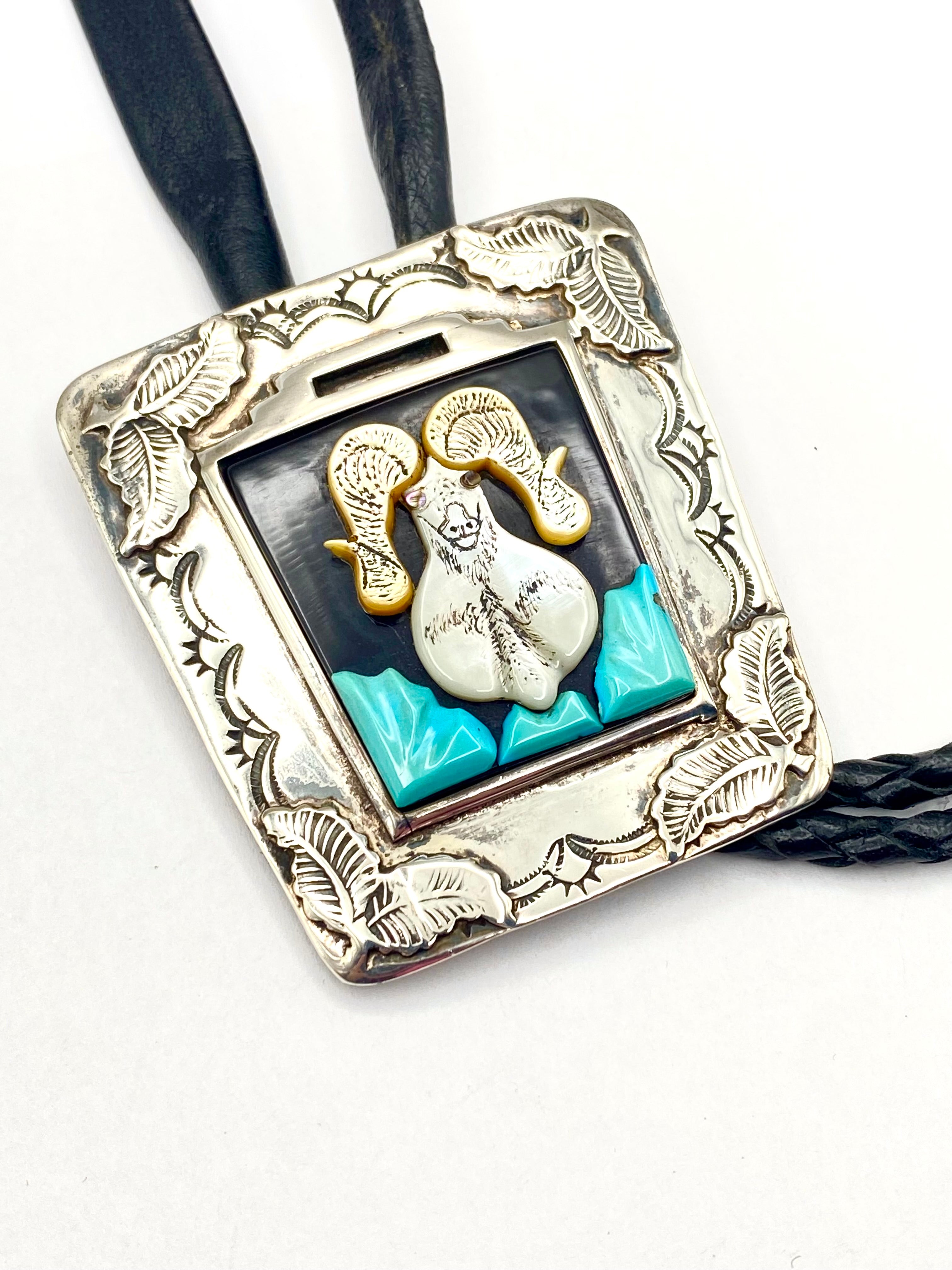 VTG Bighorn Sheep Inlay Bolo Tie Heavy Gauge Sterling 3D Turquoise J. Quam Zuni