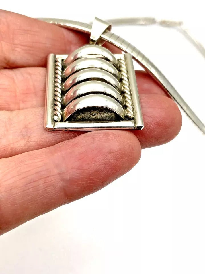 Vintage Sterling Silver Pendant 3D Flat Silver Chain 18" Native American Signed