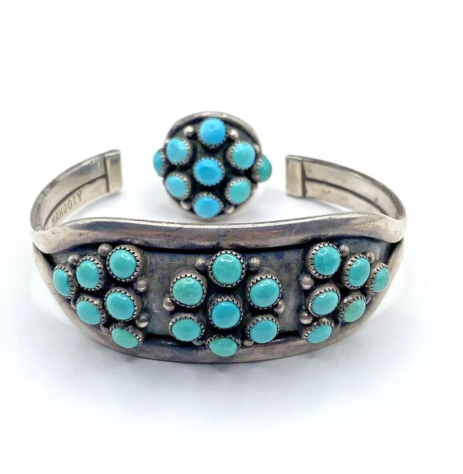 Vintage Zuni Sterling Silver Turquoise Dot Ring Bracelet Set SZ 7 C&L Mahooty