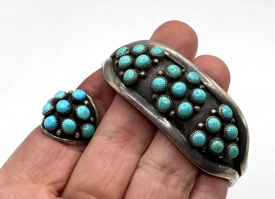 Vintage Zuni Sterling Silver Turquoise Dot Ring Bracelet Set SZ 7 C&L Mahooty