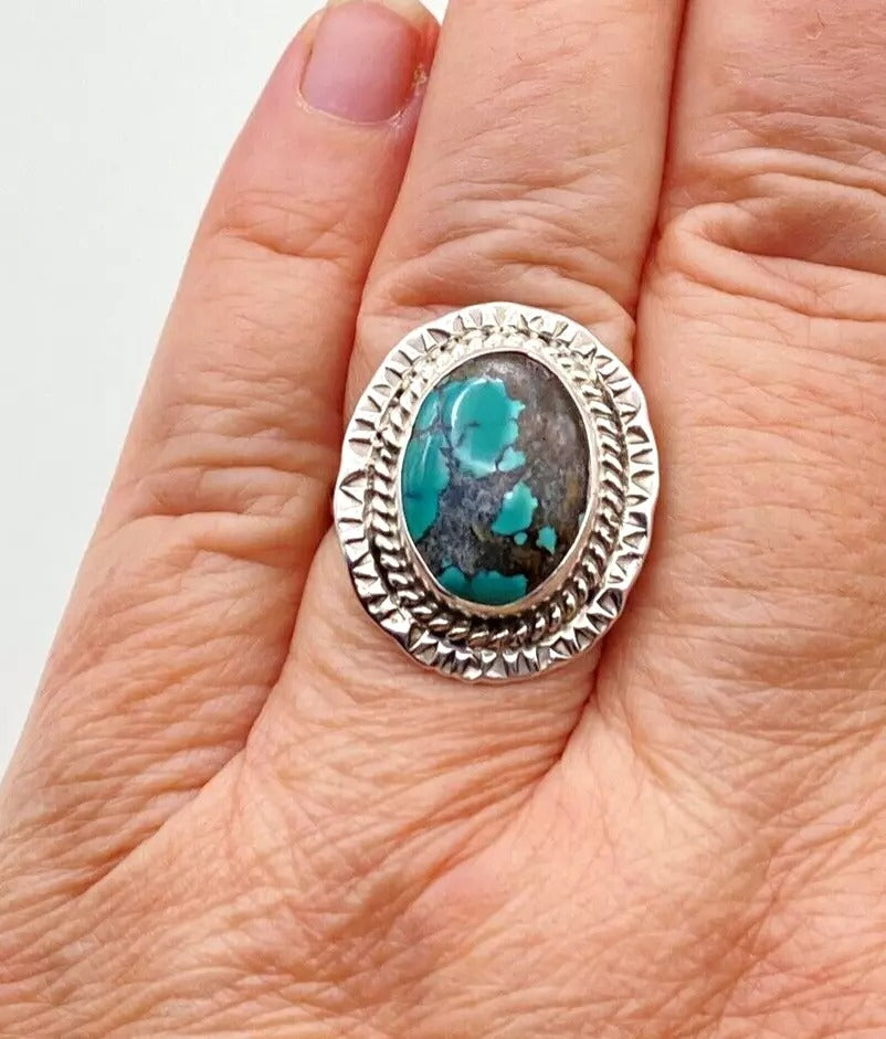 Green Turquoise Ring Sterling Silver Southwest Native American Size 9
