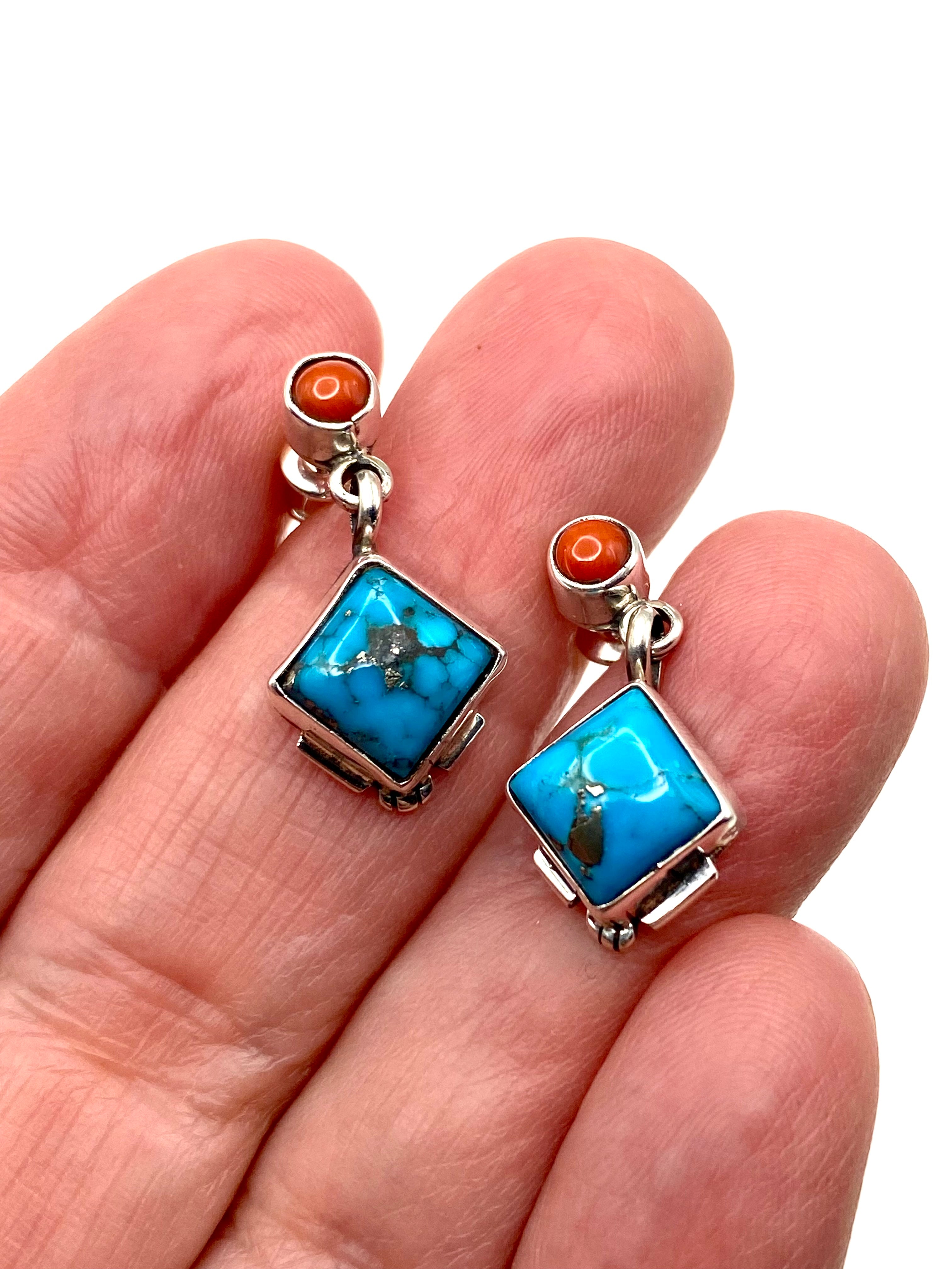 Petite Sterling Turquoise Dangle Earrings Coral Navajo V. Betone Native American