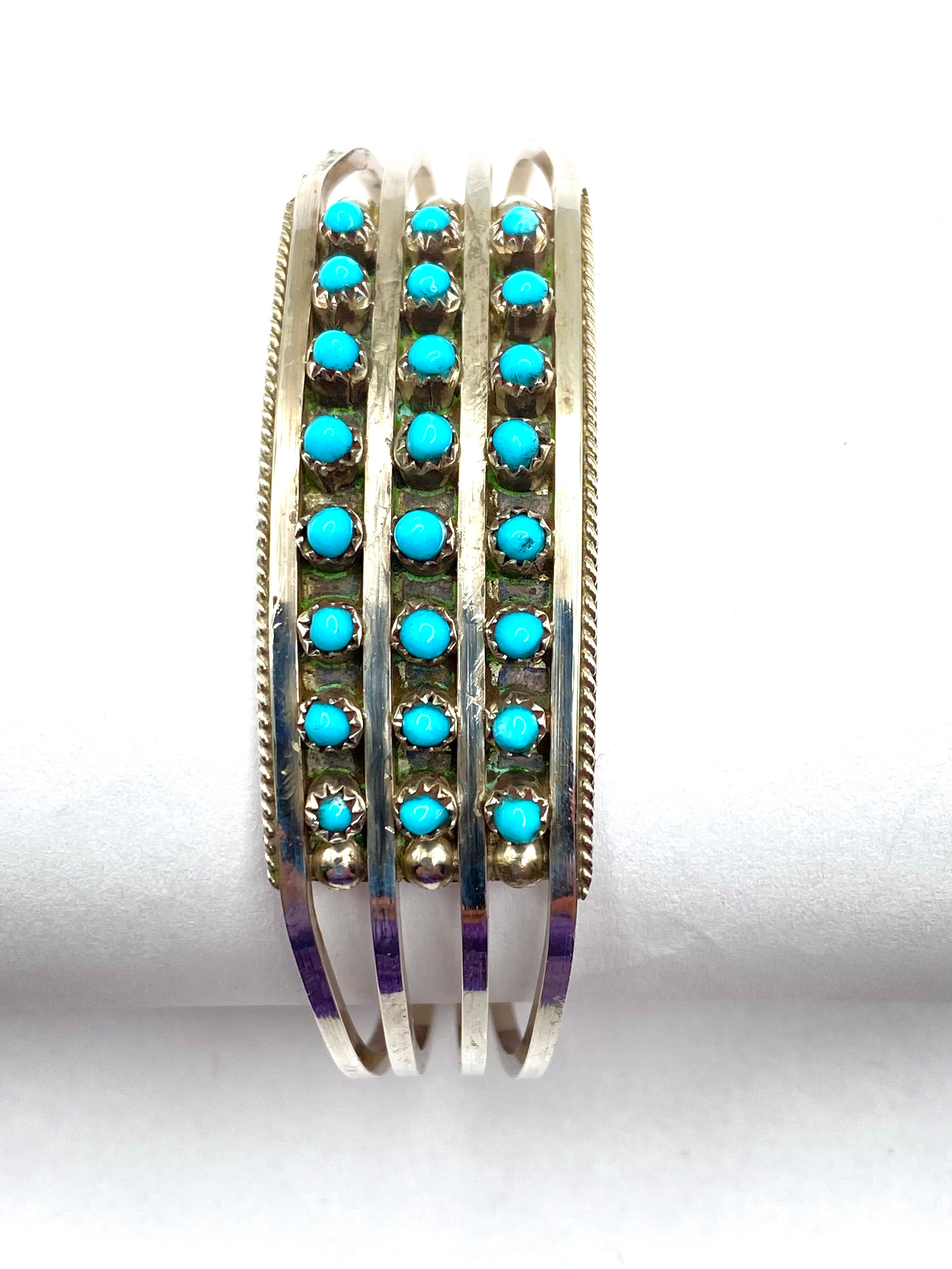 Sterling 4-Rail Bracelet Petite Turquoise 3-Row Zuni Native American Signed