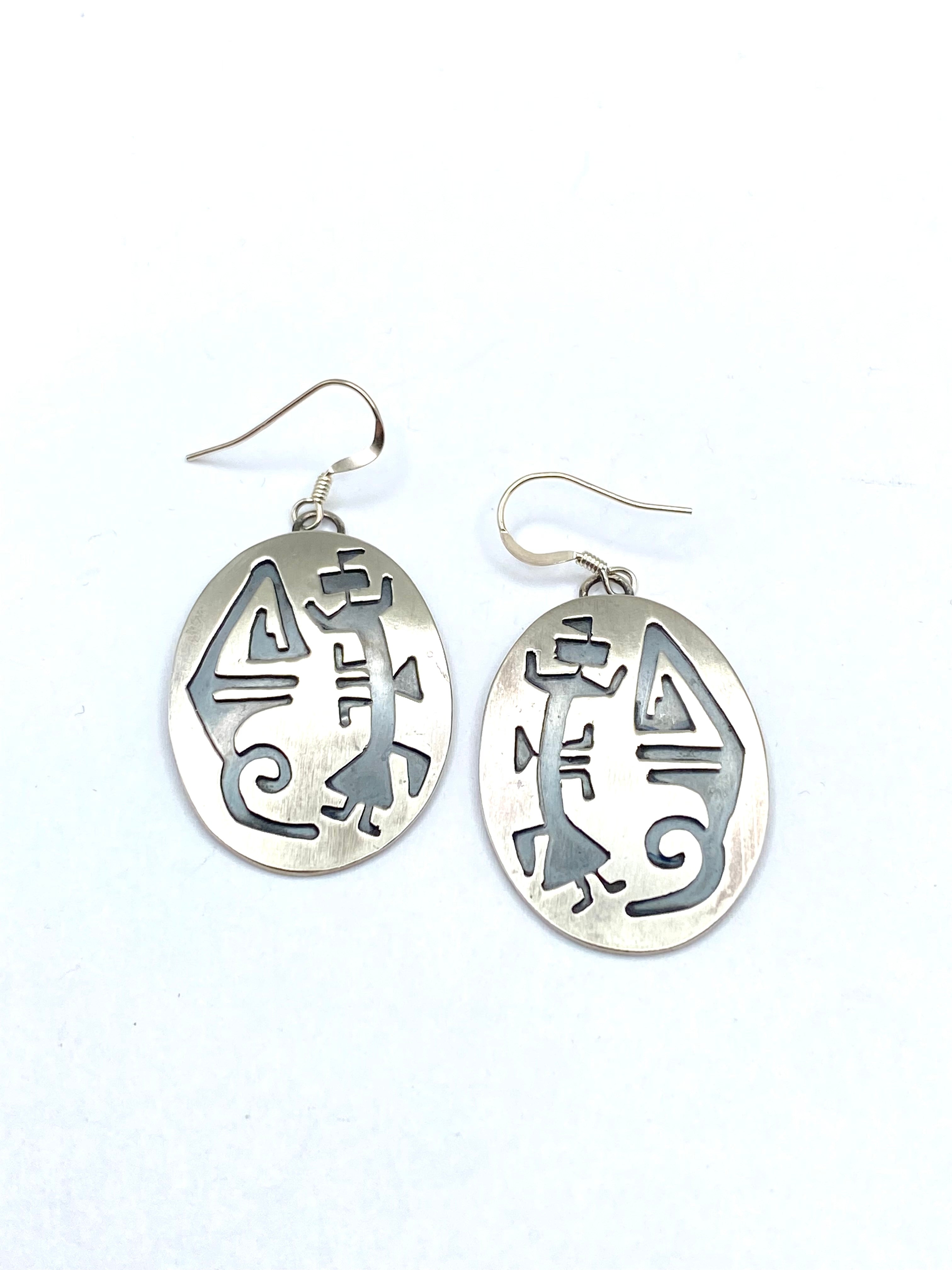 Sterling Silver Overlay Earrings Oval Kachina Figure Native American Handmade