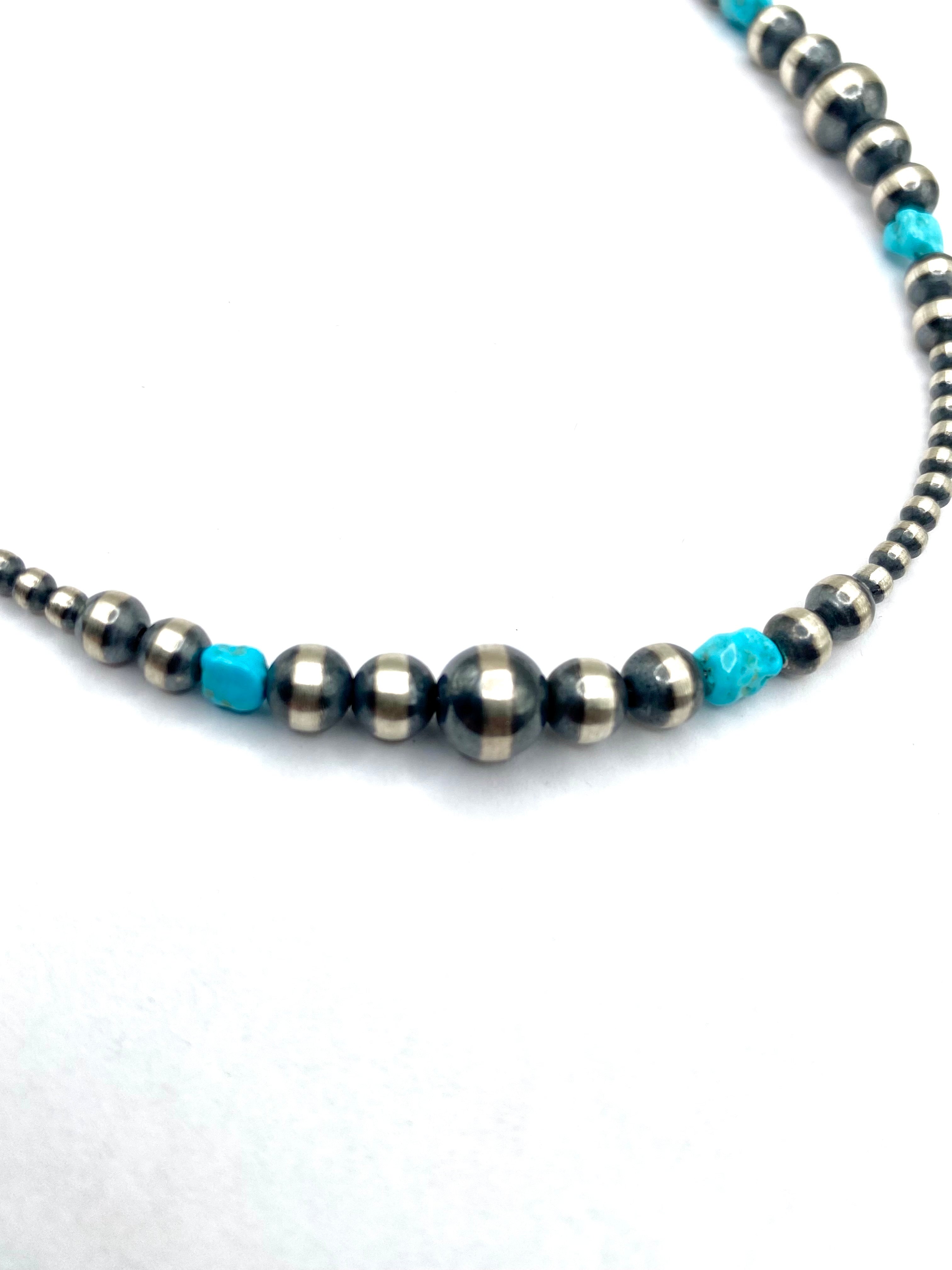 Graduated Sterling Bead Necklace Turquoise Nuggets 20" Native American New