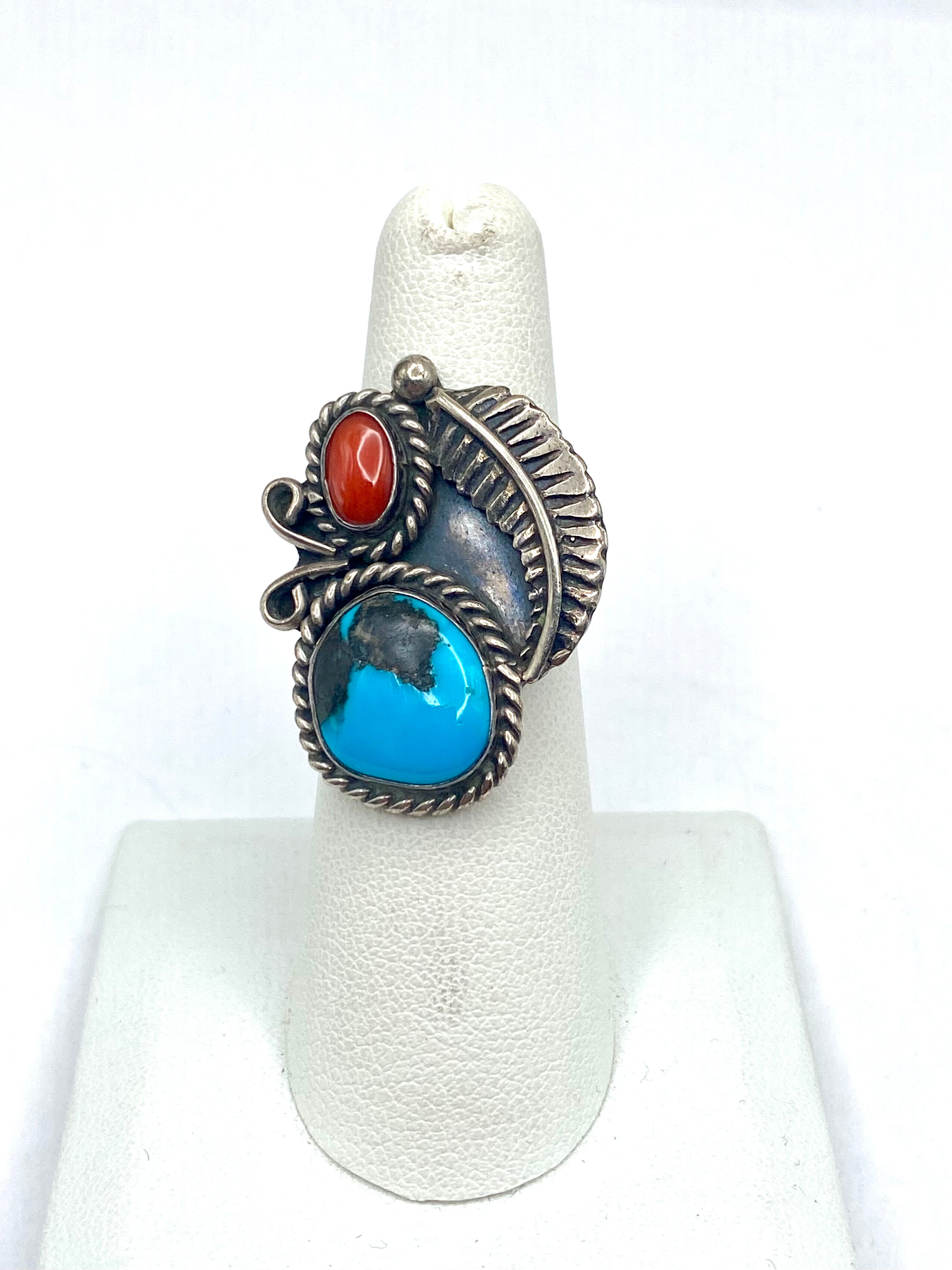 VTG Sterling Turquoise Coral Ring Size 6.5 Leaf Applique Native American Handmade