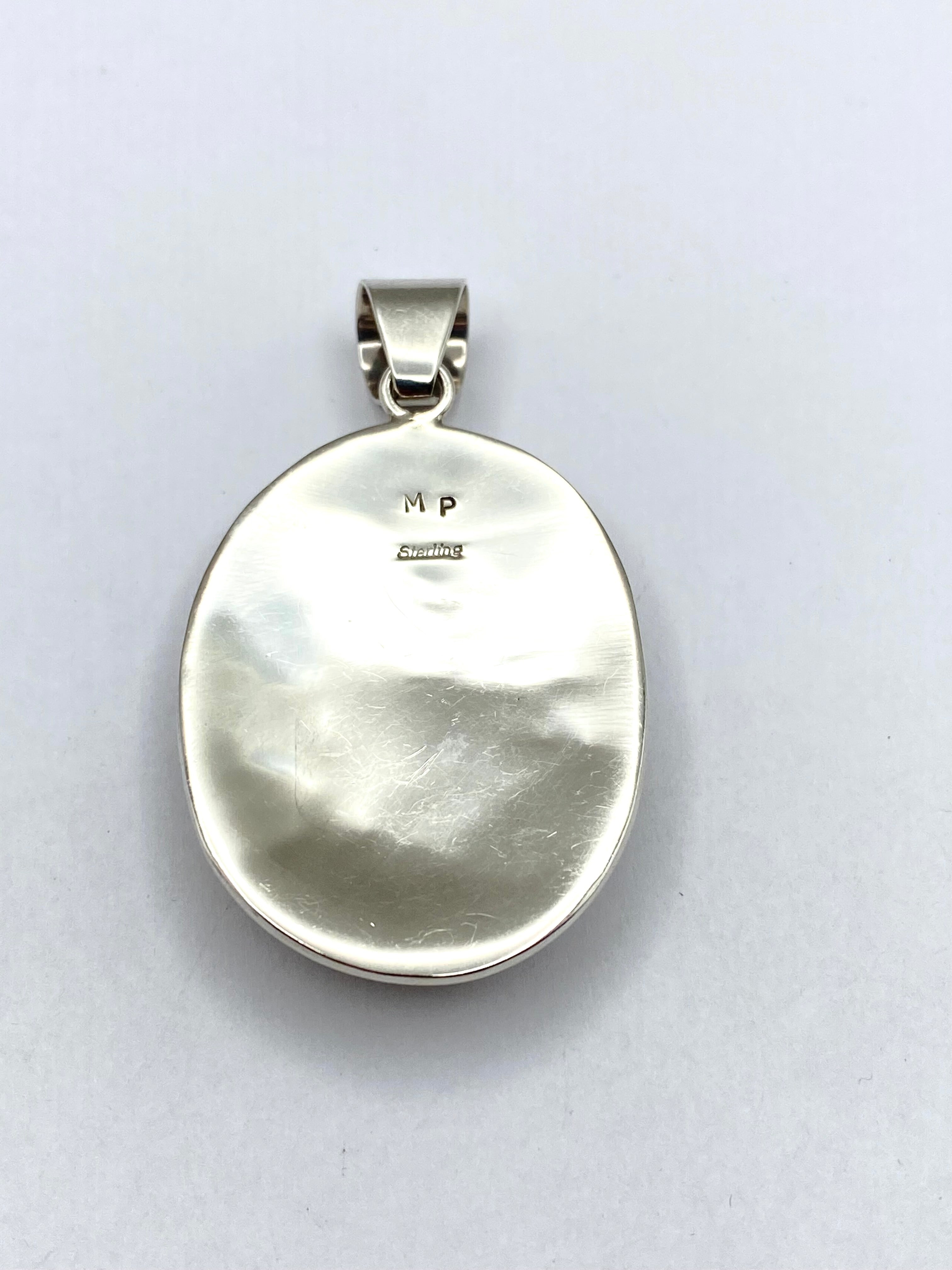 Sterling Oval Tufa Cast Pendant Turquoise Inlay Coral Michael Perry Navajo