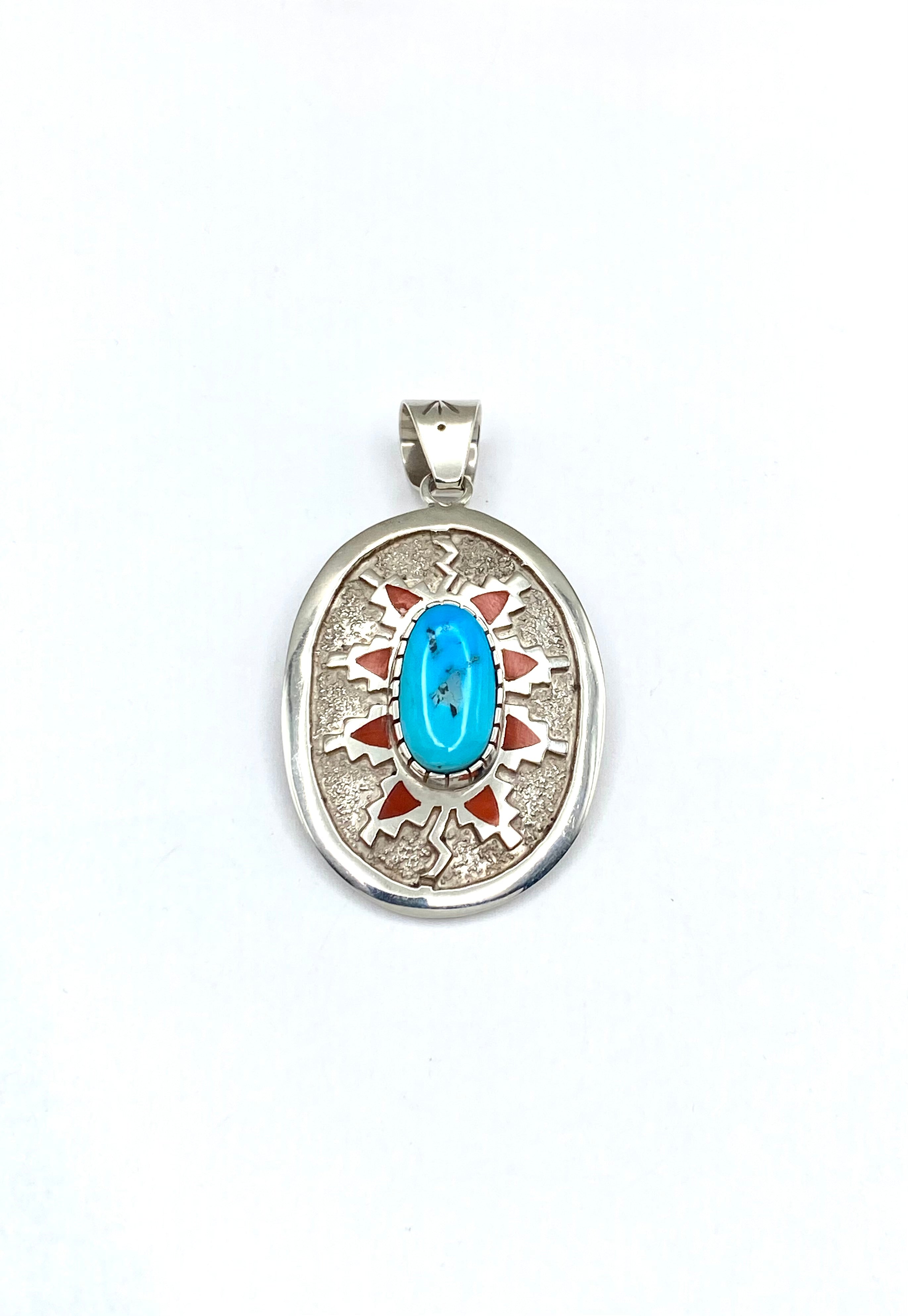 Sterling Oval Tufa Cast Pendant Turquoise Inlay Coral Michael Perry Navajo