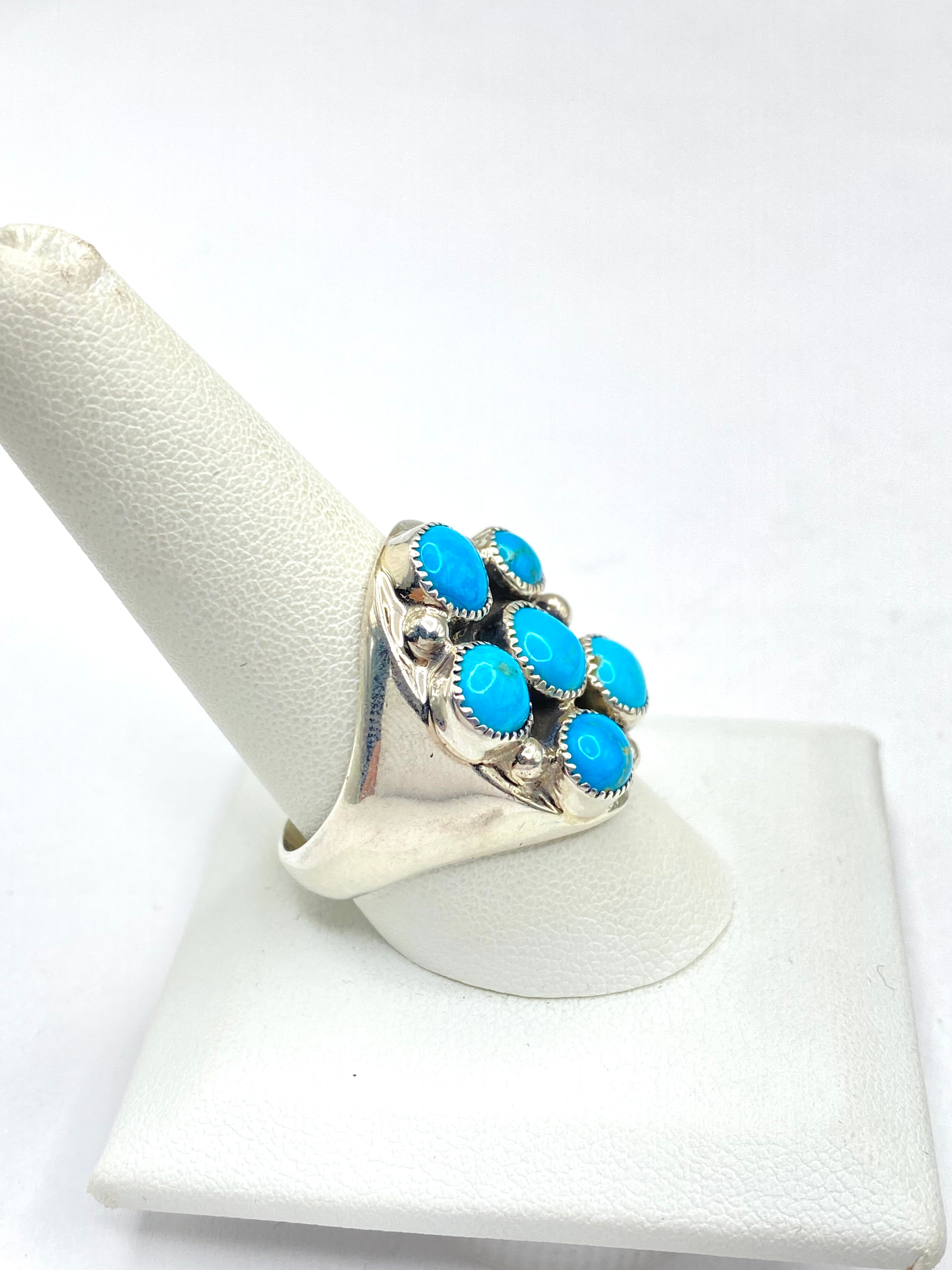 Sterling Heavy Gauge Turquoise Cluster Ring Size 10 Flared Band Native American