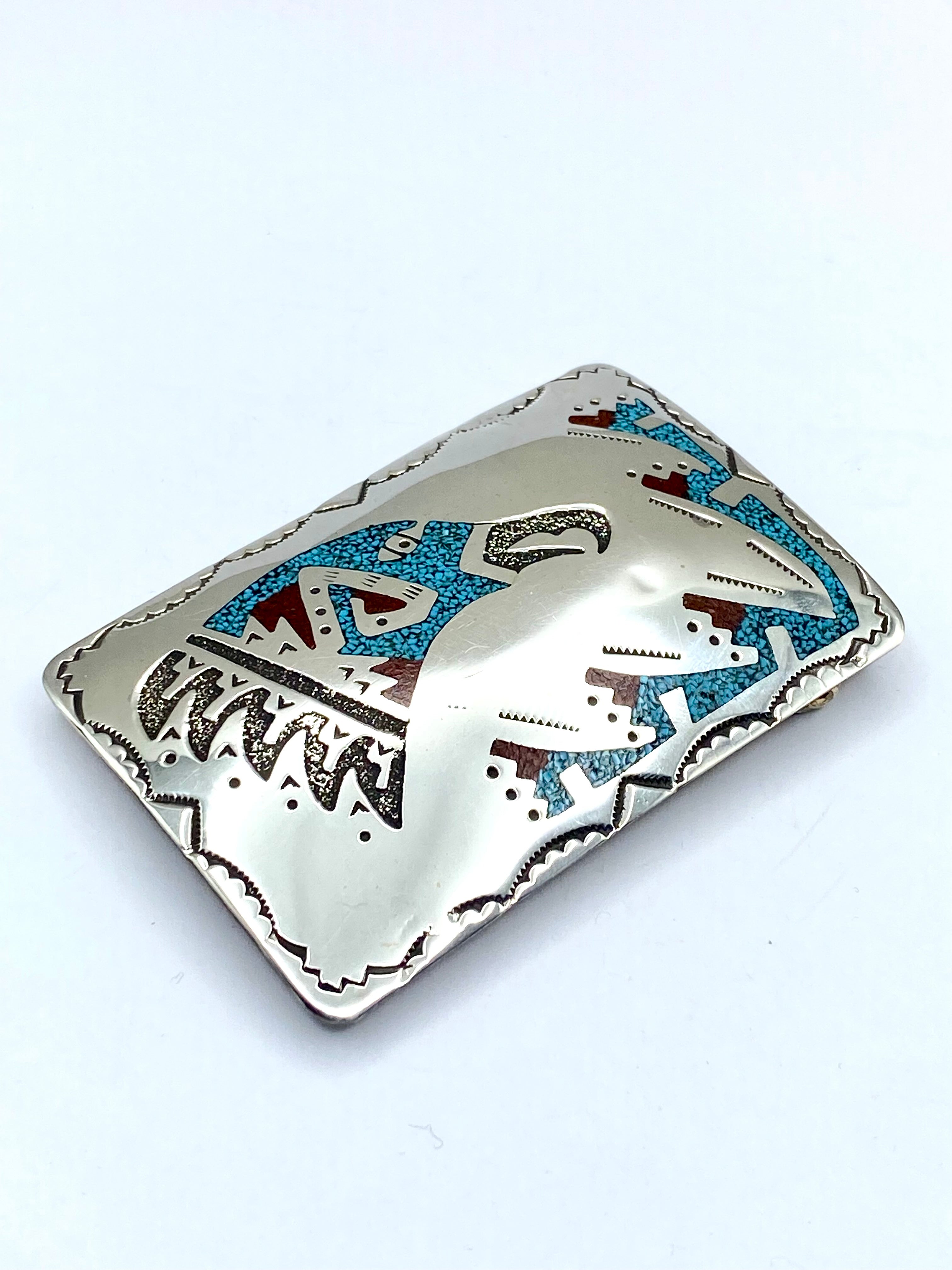 Sterling Belt Buckle Turquoise Coral Chip Inlay Eagle Head Raymond Begay Navajo