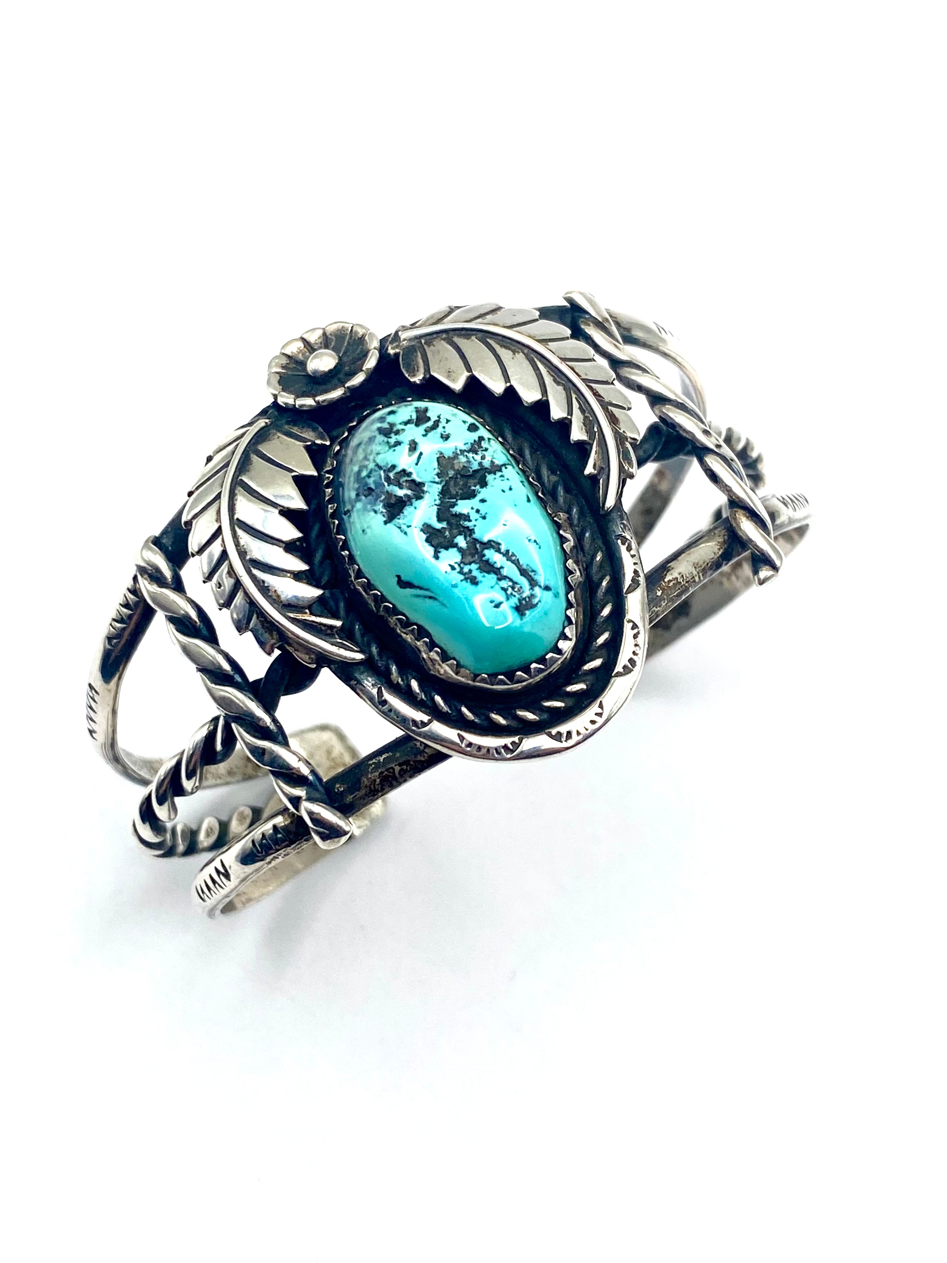 VTG Sterling Turquoise Bracelet 3-Rail Leaf Flower Applique Native American