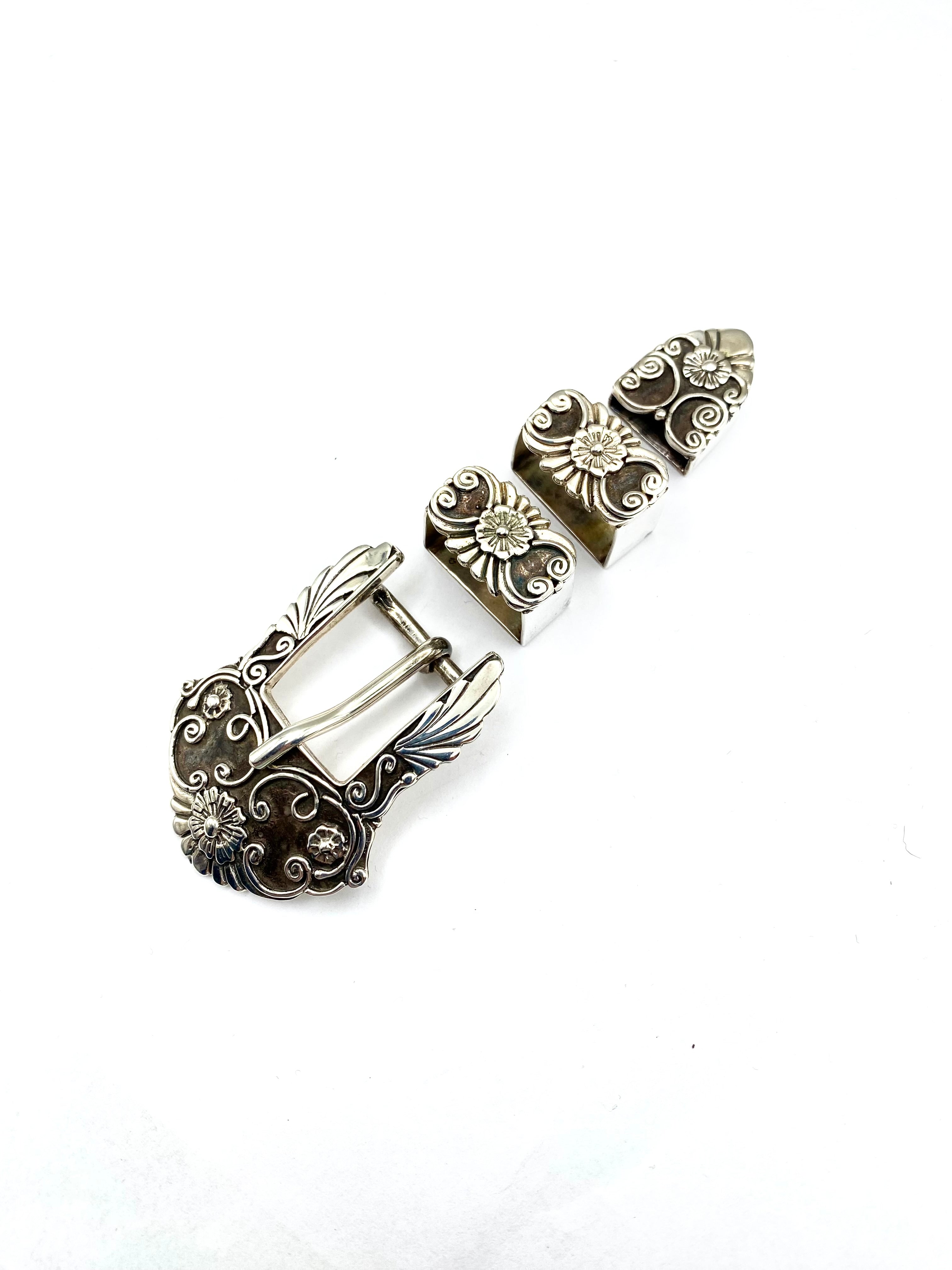 Vintage 4-piece Sterling Ranger Belt Buckle Set Heavy Gauge 5/8" Floral Signed